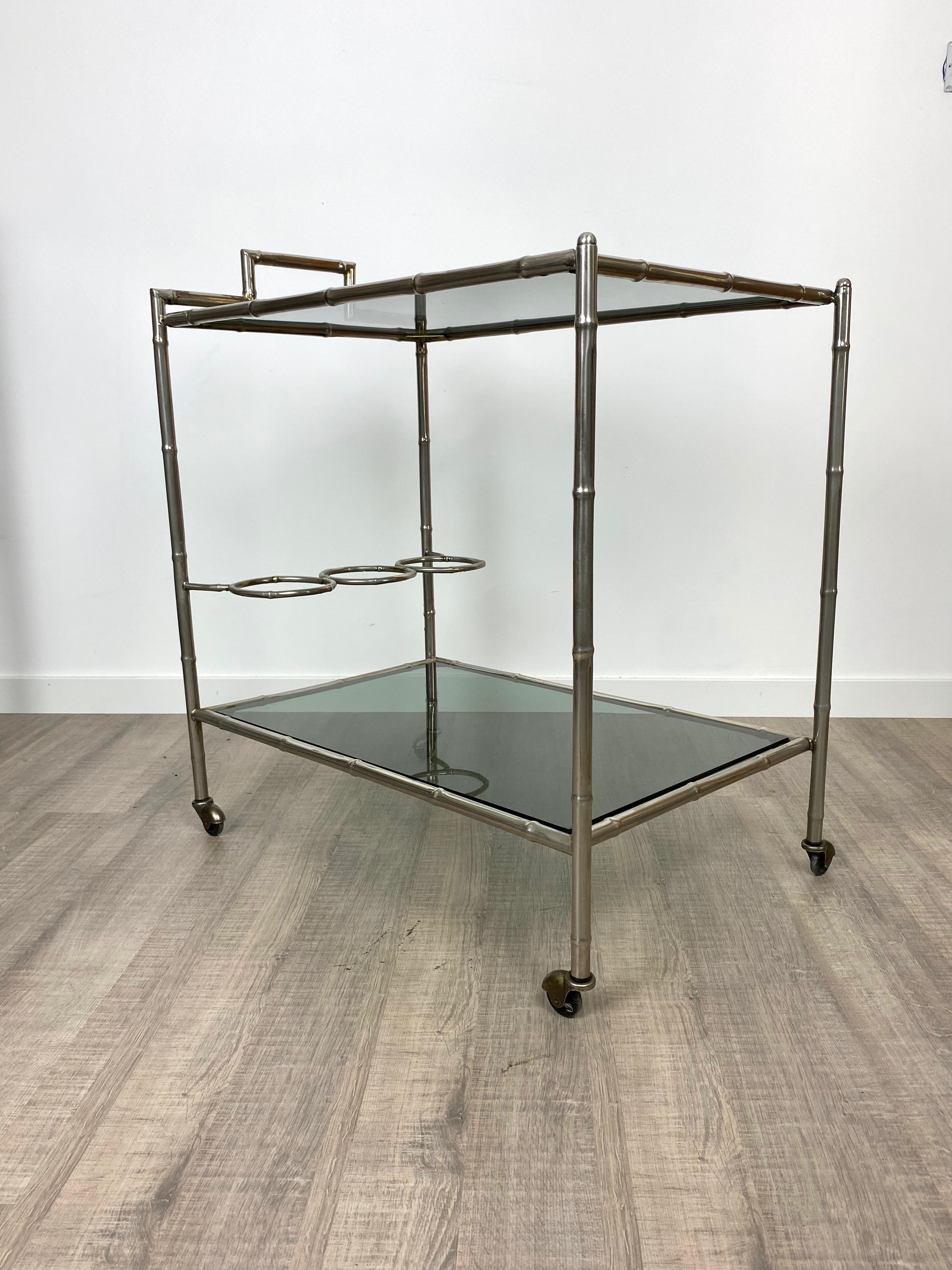 Faux Bamboo Silver and Glass Cart Trolley, Italy, 1970s For Sale 11