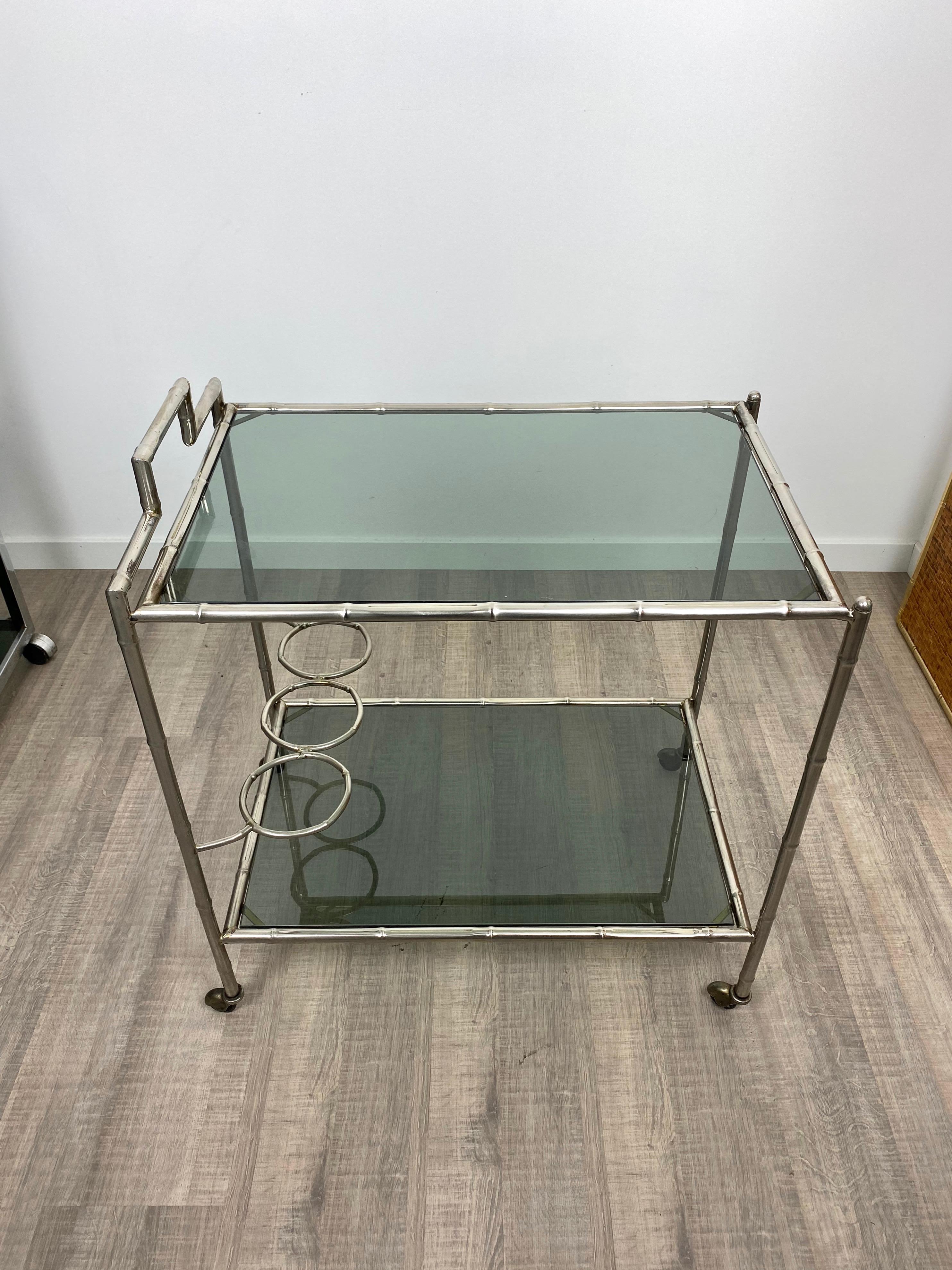 Mid-Century Modern Faux Bamboo Silver and Glass Cart Trolley, Italy, 1970s For Sale