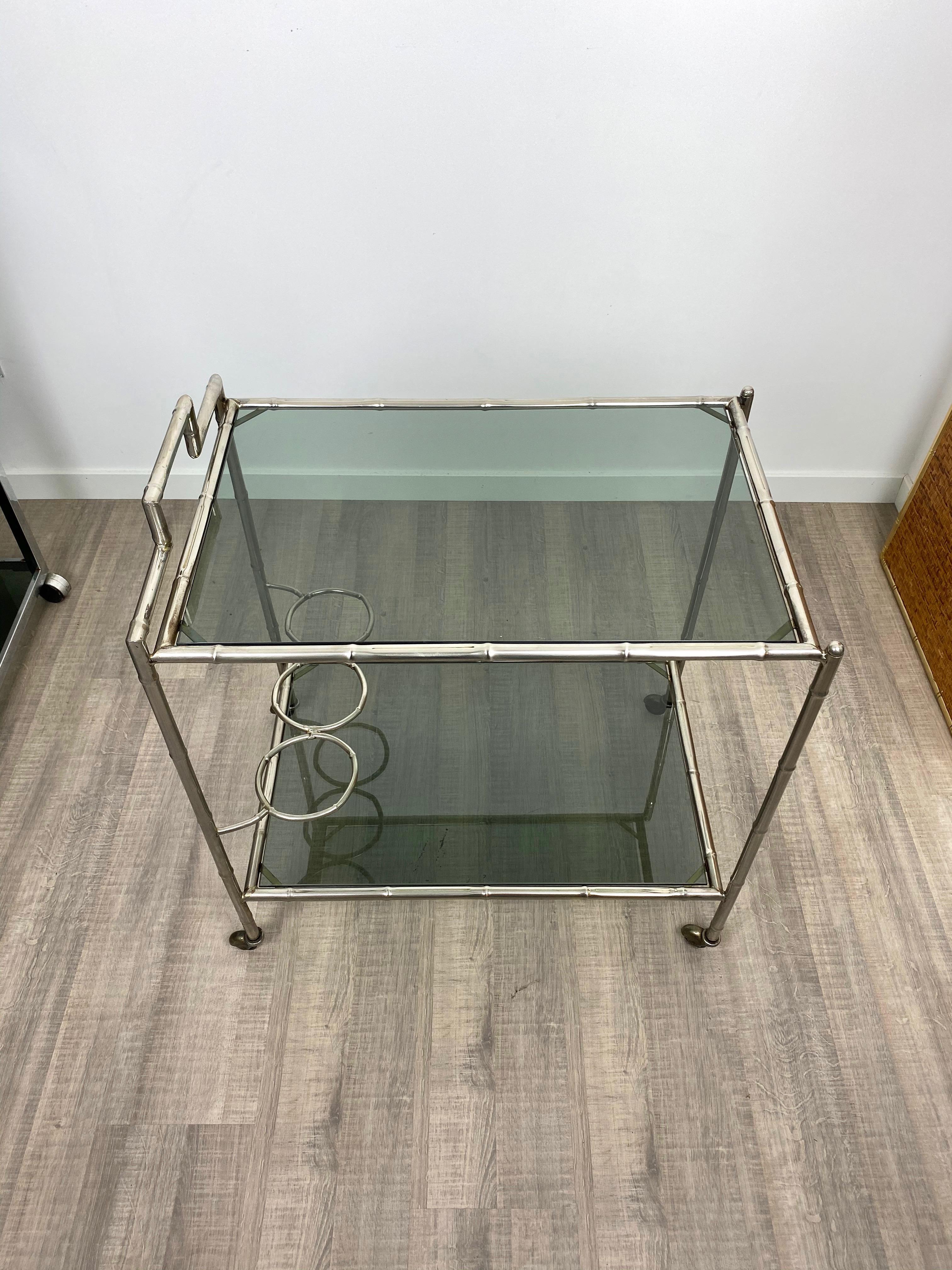 Italian Faux Bamboo Silver and Glass Cart Trolley, Italy, 1970s For Sale