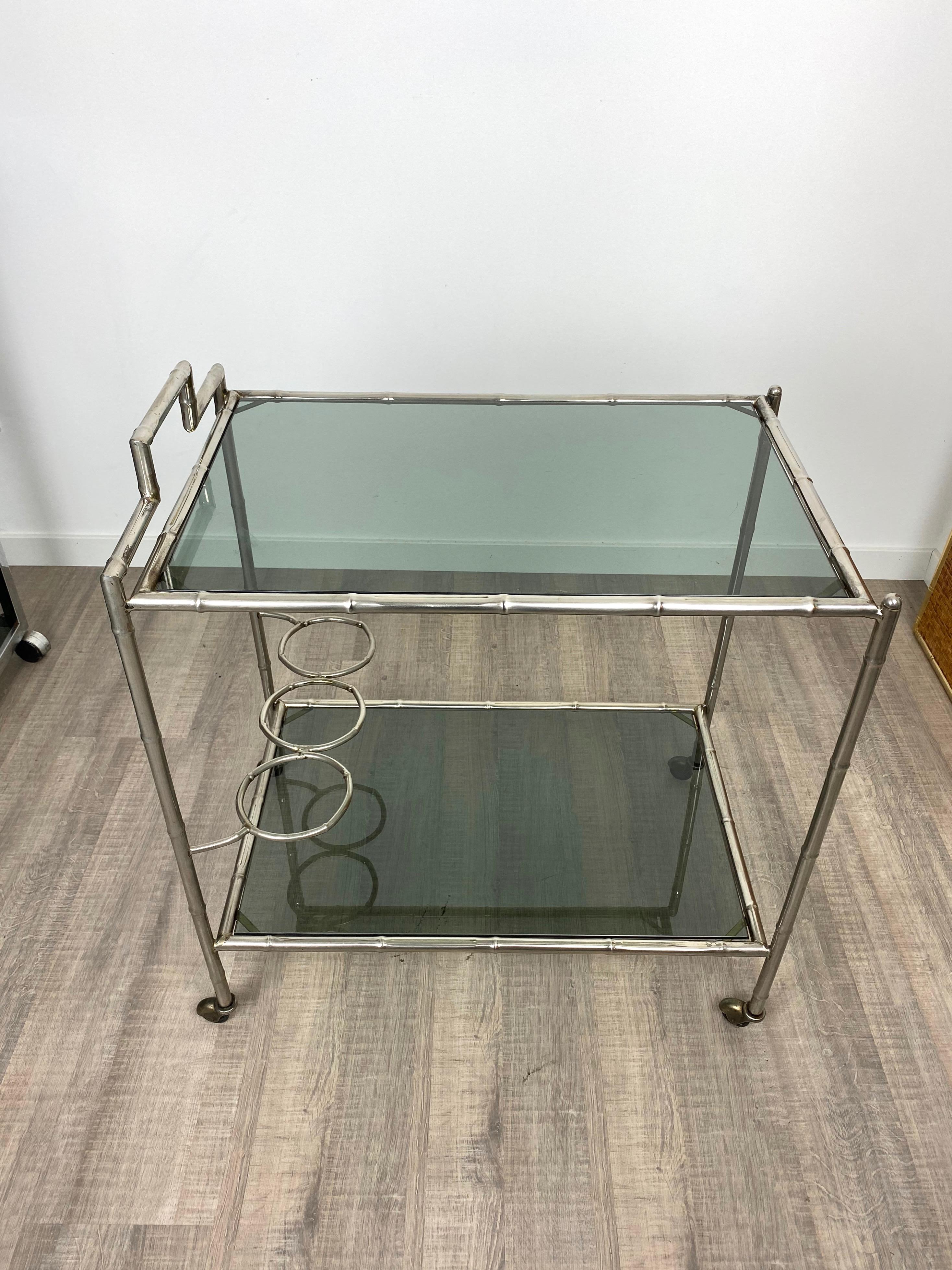 Faux Bamboo Silver and Glass Cart Trolley, Italy, 1970s In Good Condition For Sale In Rome, IT