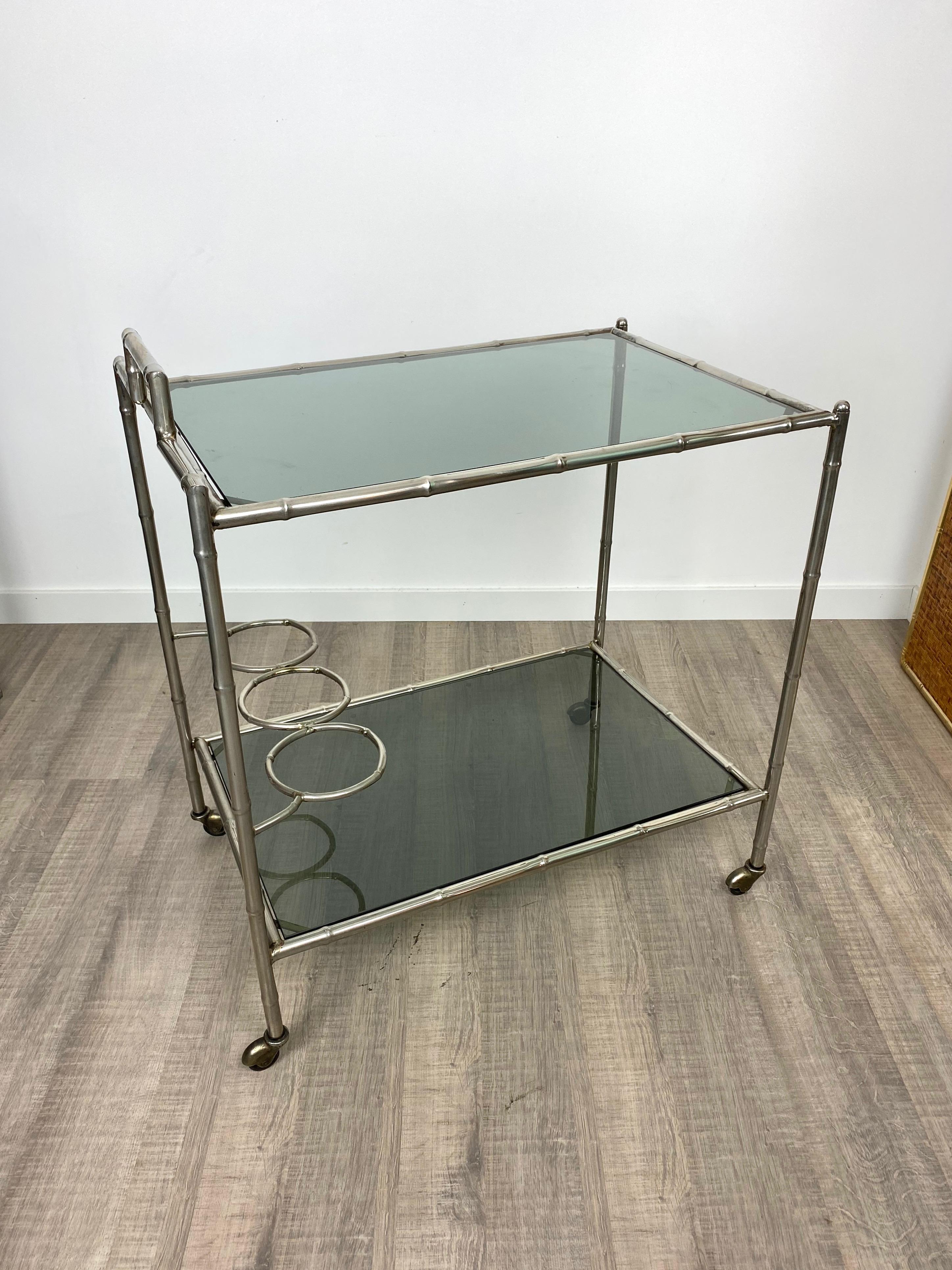 Late 20th Century Faux Bamboo Silver and Glass Cart Trolley, Italy, 1970s For Sale