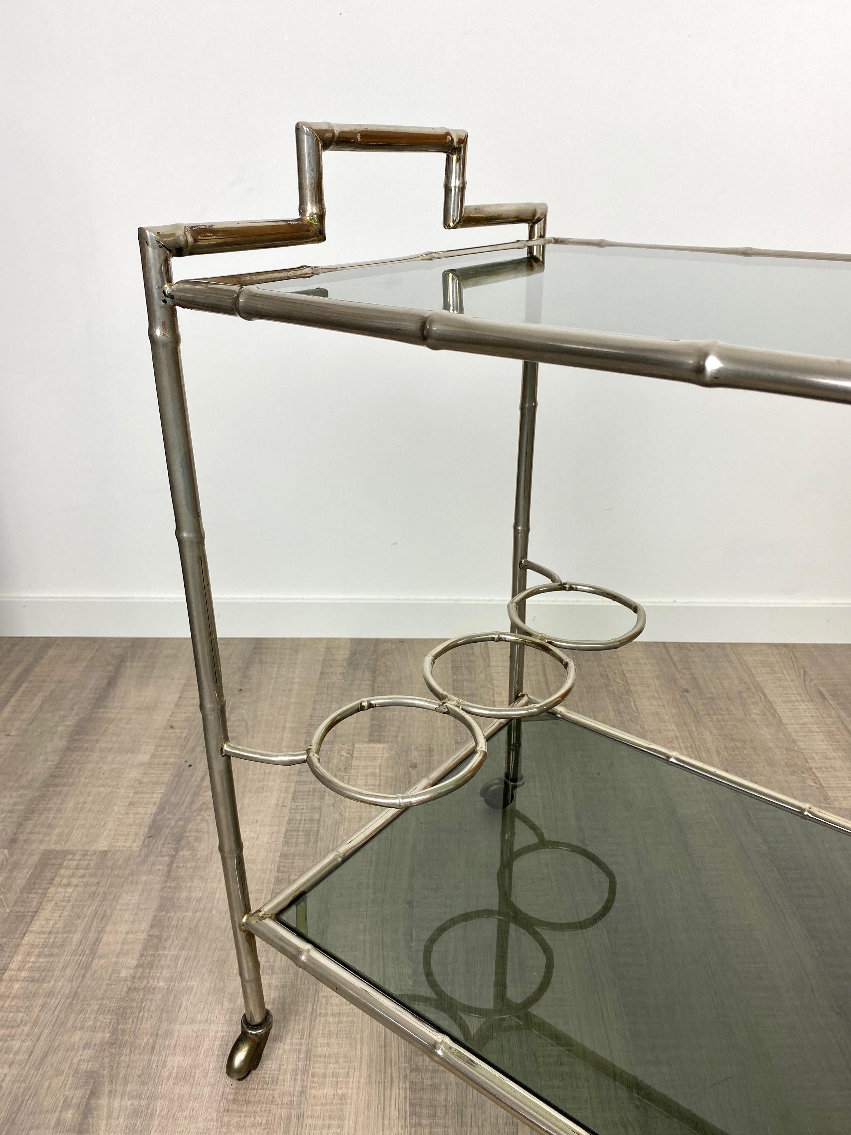 Faux Bamboo Silver and Glass Cart Trolley, Italy, 1970s For Sale 2