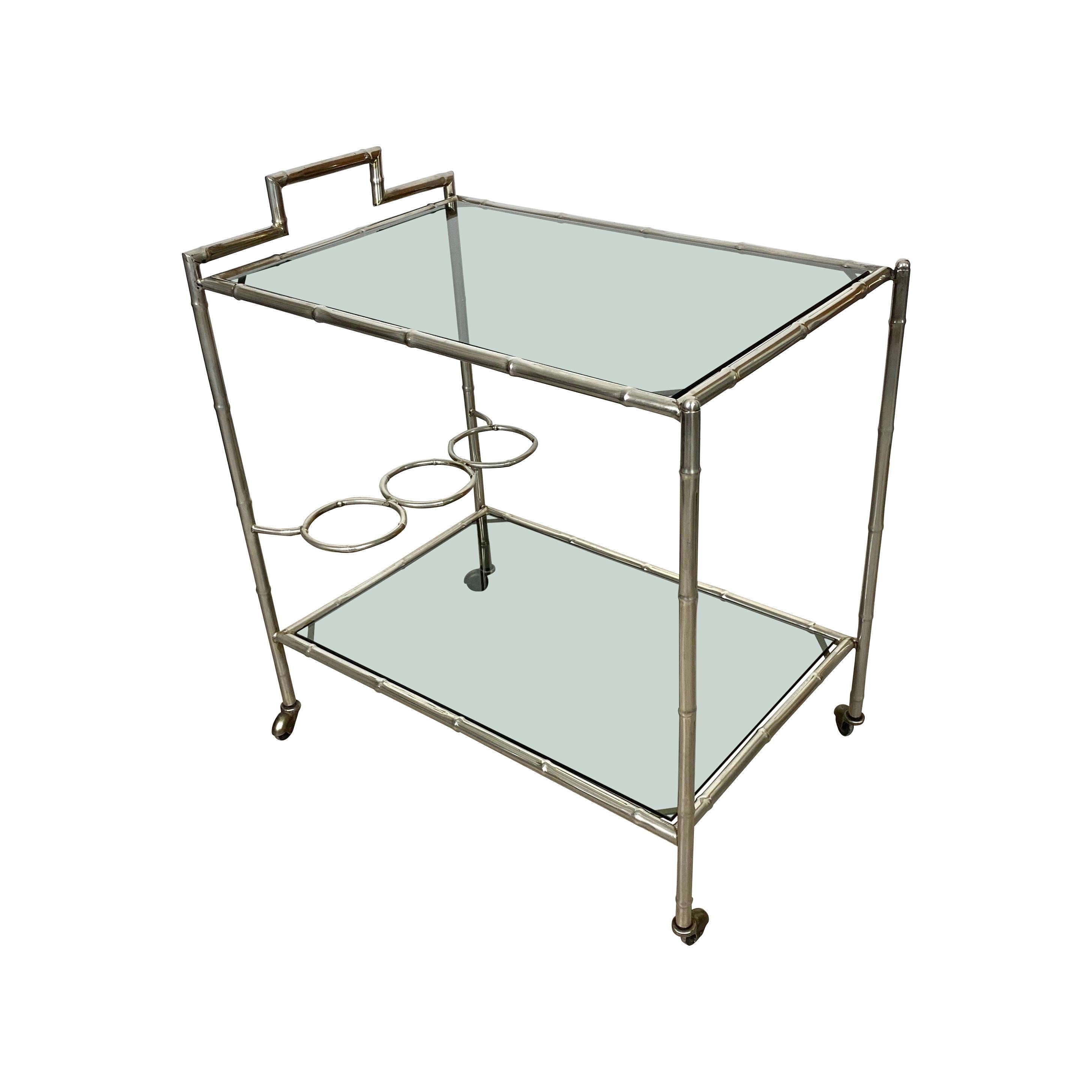 Faux Bamboo Silver and Glass Cart Trolley, Italy, 1970s For Sale