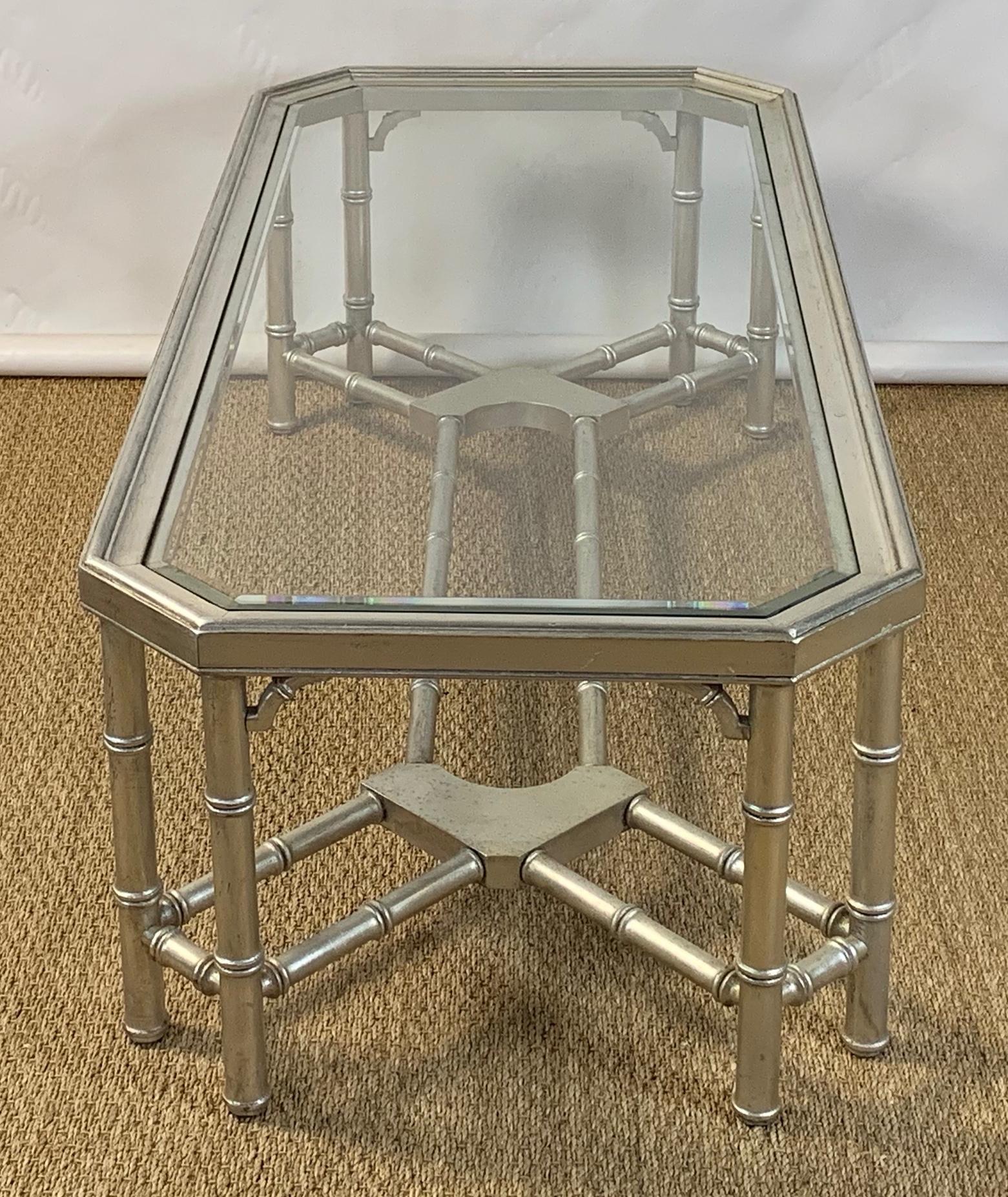 American Faux Bamboo Silver Gilt and Glass Cocktail Table For Sale