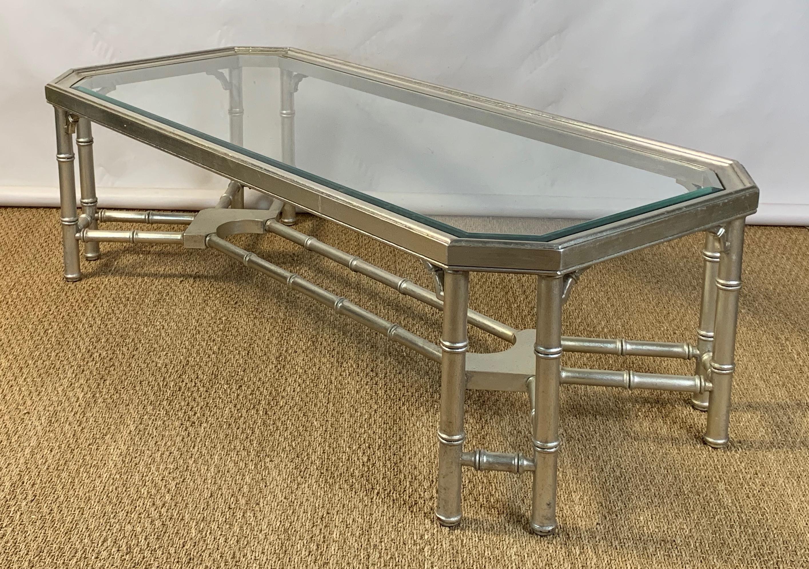 Faux Bamboo Silver Gilt and Glass Cocktail Table For Sale 1