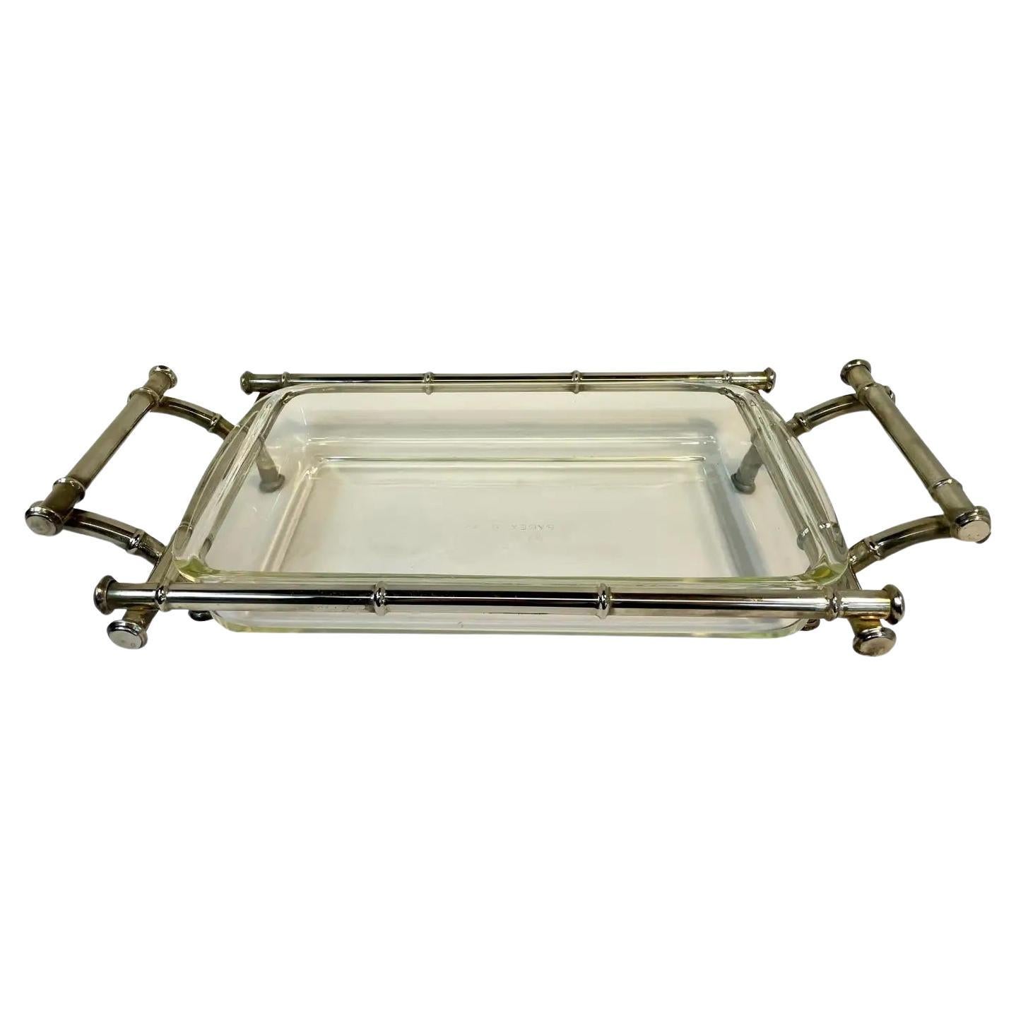 Italian Faux bamboo silver plate Lasagna or casserole chafing dish. Has 11 .75 x 7.5 x 1.75 inch Pyrex glass dish insert. Slight patina to silver finish