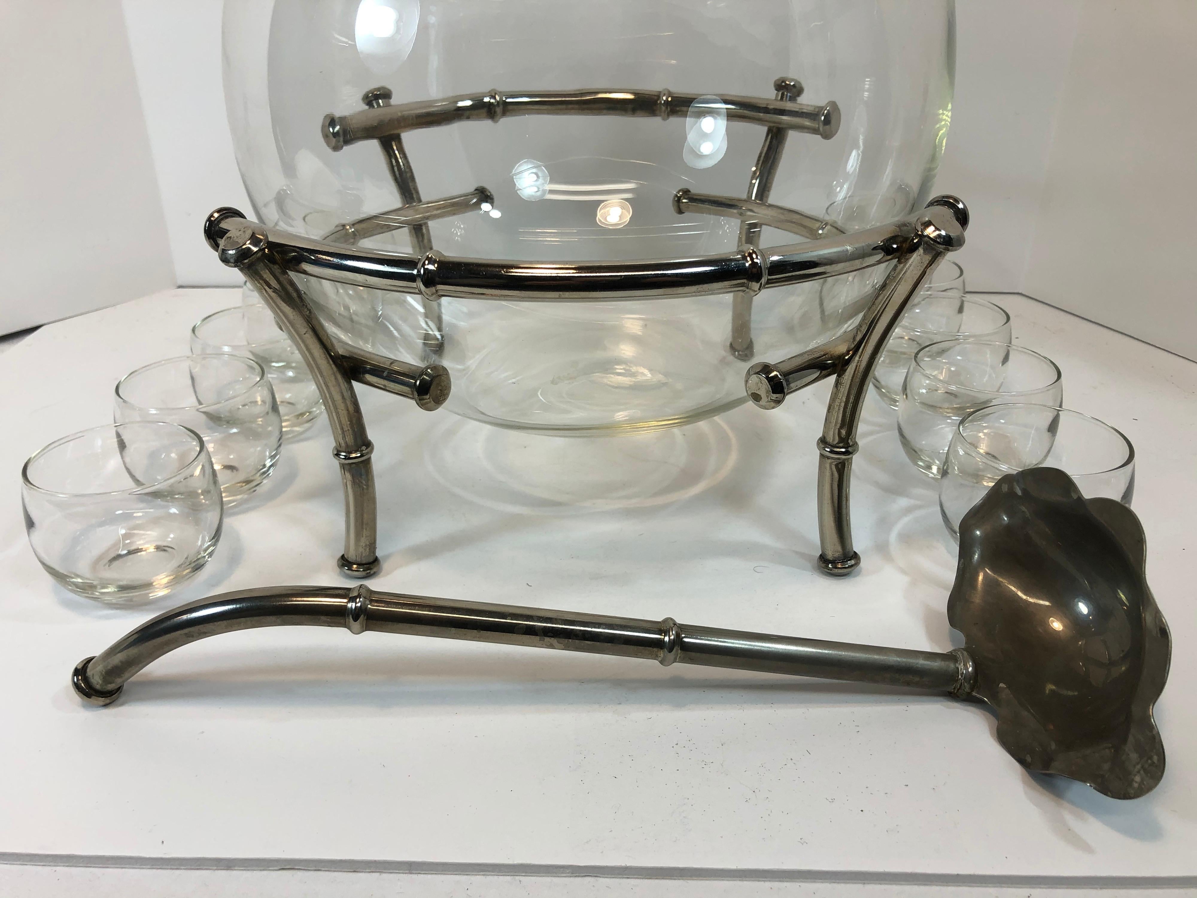 Mid-20th Century Faux Bamboo Silver Plate Clear Glass Punch Bowl Set