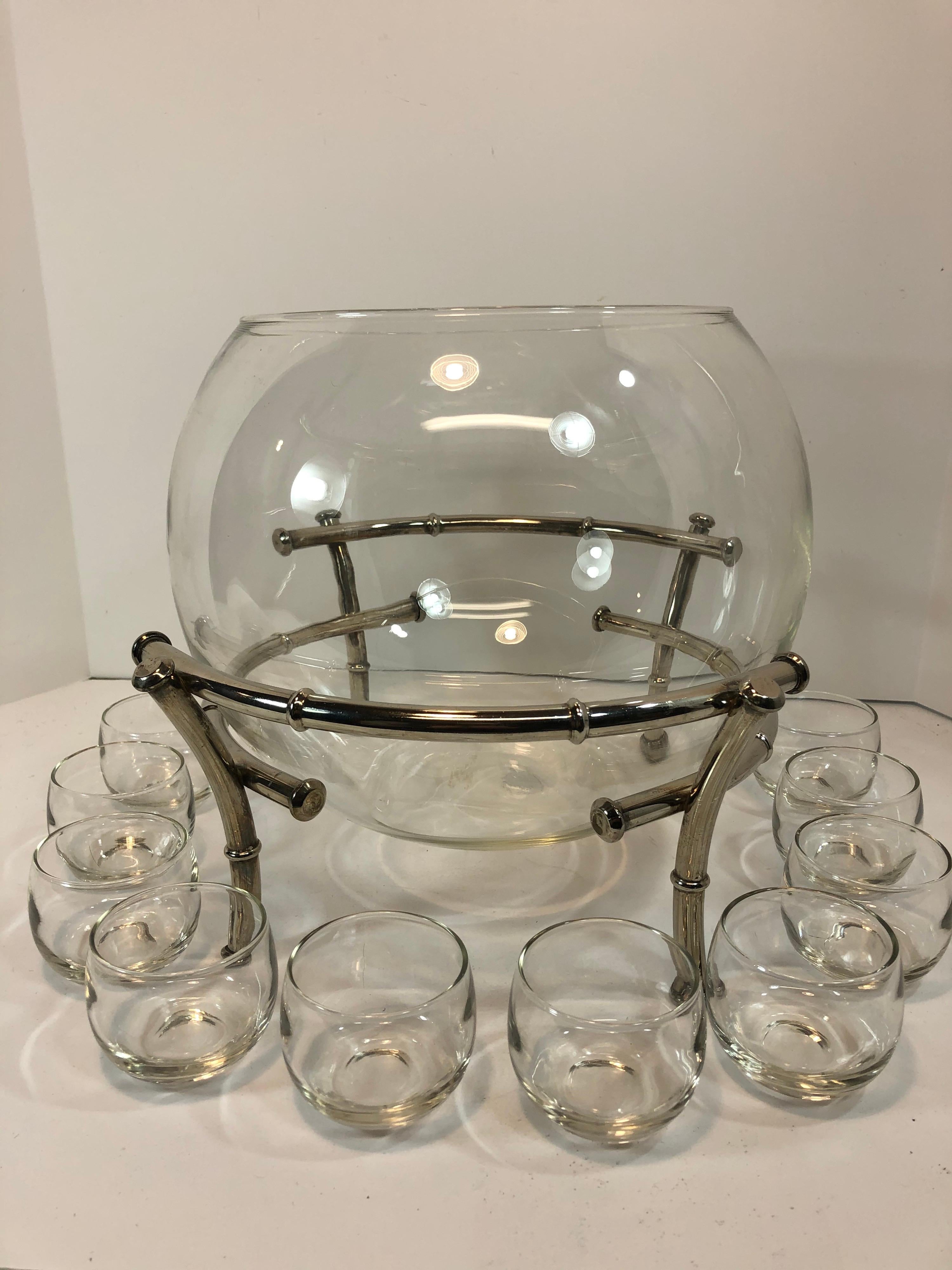 Faux Bamboo Silver Plate Clear Glass Punch Bowl Set 5