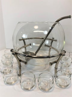 Faux Bamboo Silver Plate Clear Glass Punch Bowl Set