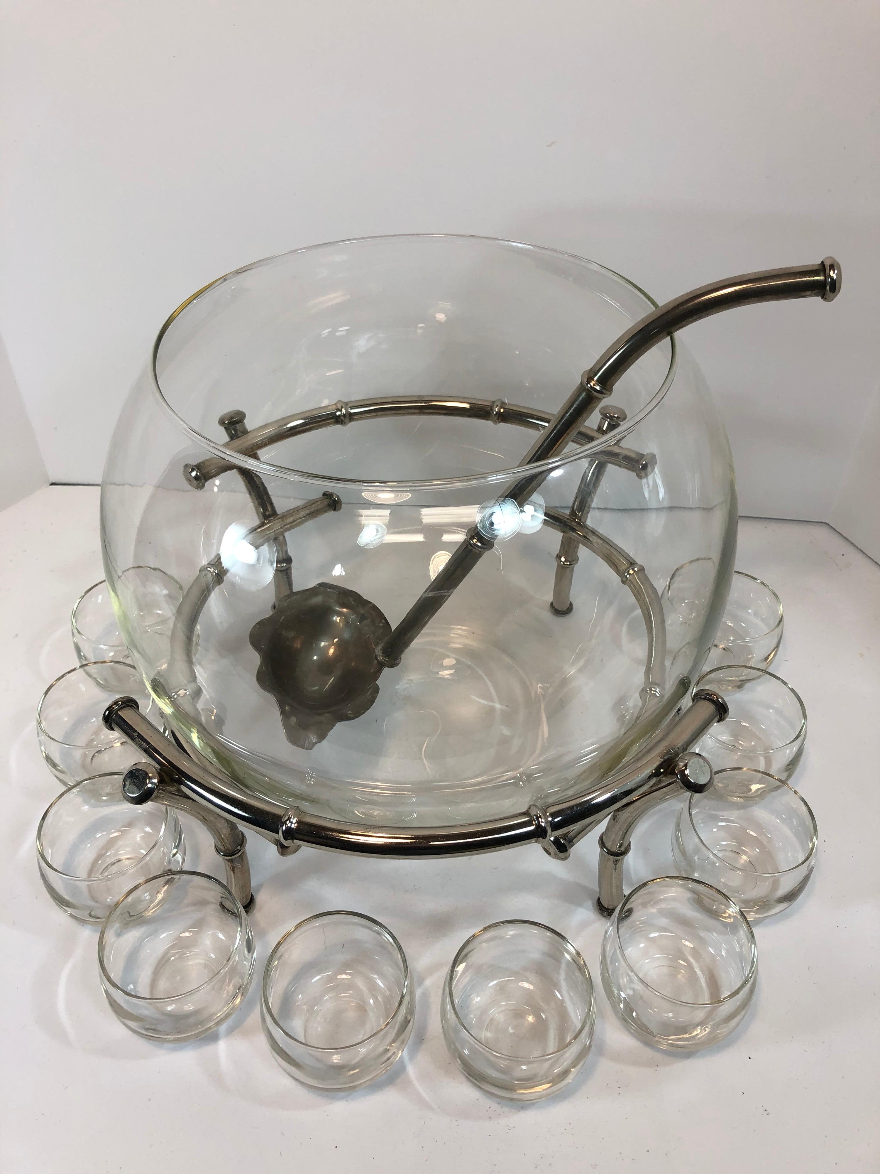Hollywood Regency Faux Bamboo Silver Plate Clear Glass Punch Bowl Set