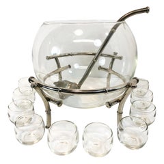 Faux Bamboo Silver Plate Clear Glass Punch Bowl Set