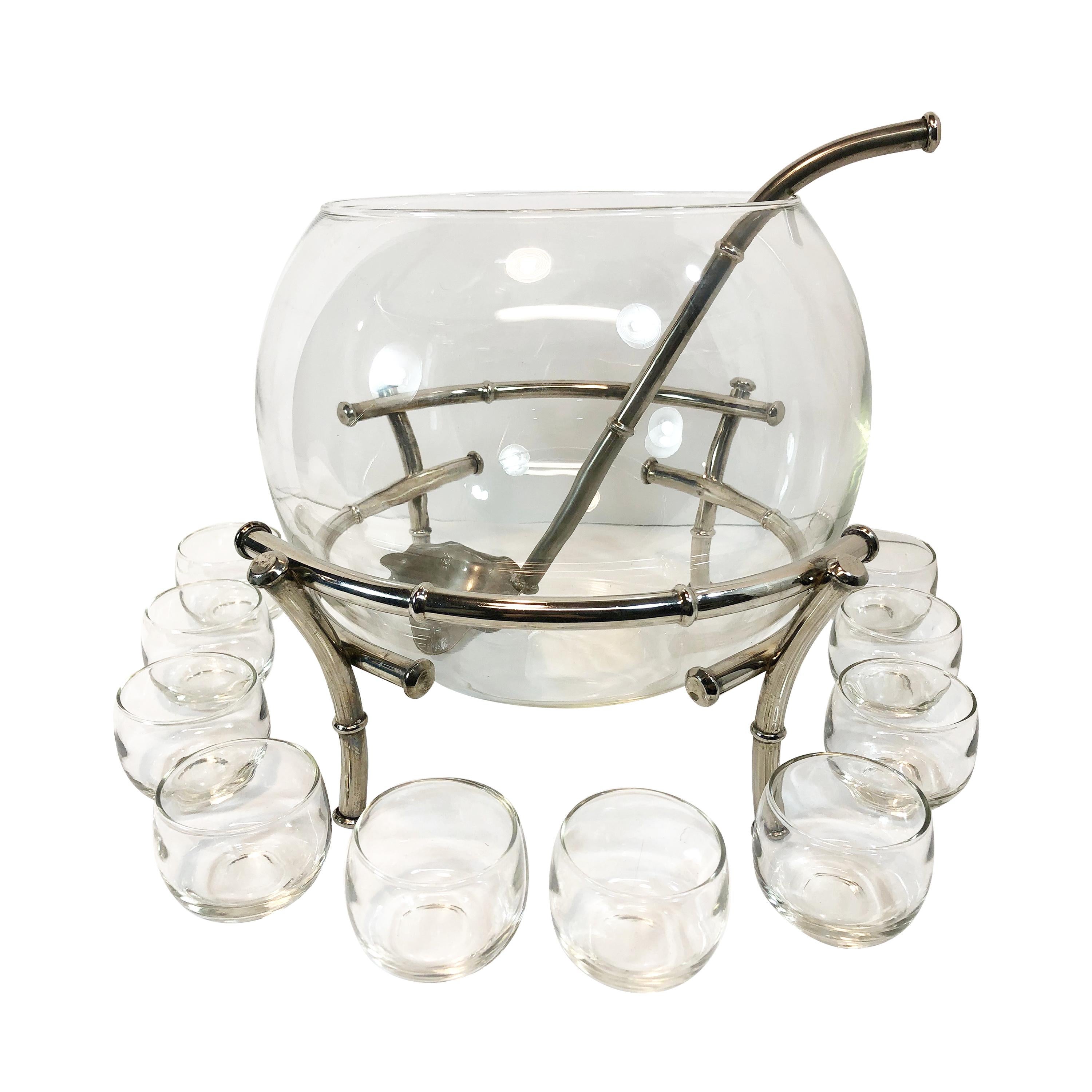 Faux Bamboo Silver Plate Clear Glass Punch Set