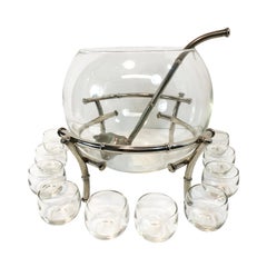 Vintage Faux Bamboo Silver Plate Clear Glass Punch Set