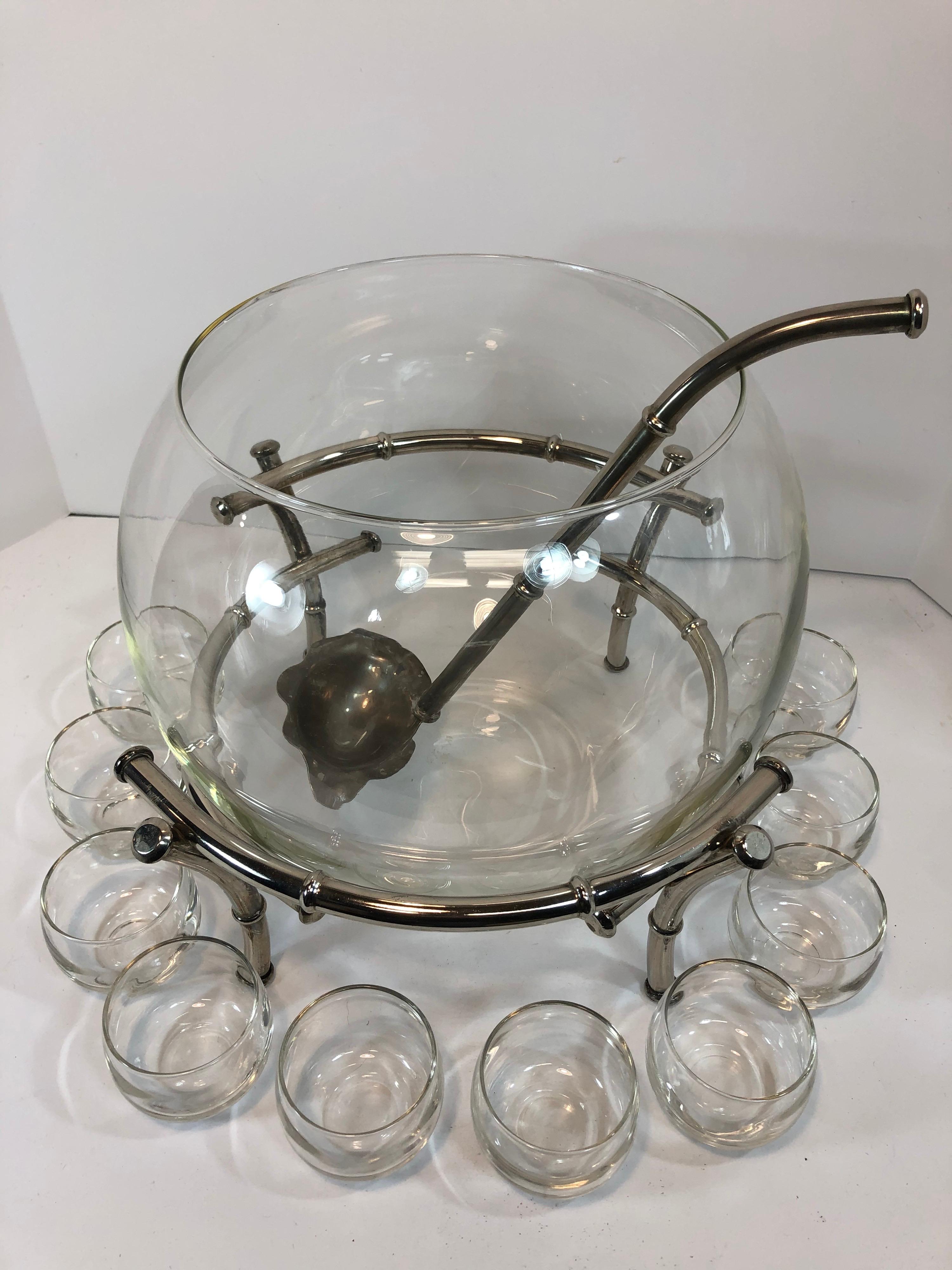 Italian Faux Bamboo Silver Plate Clear Glass Punch Set