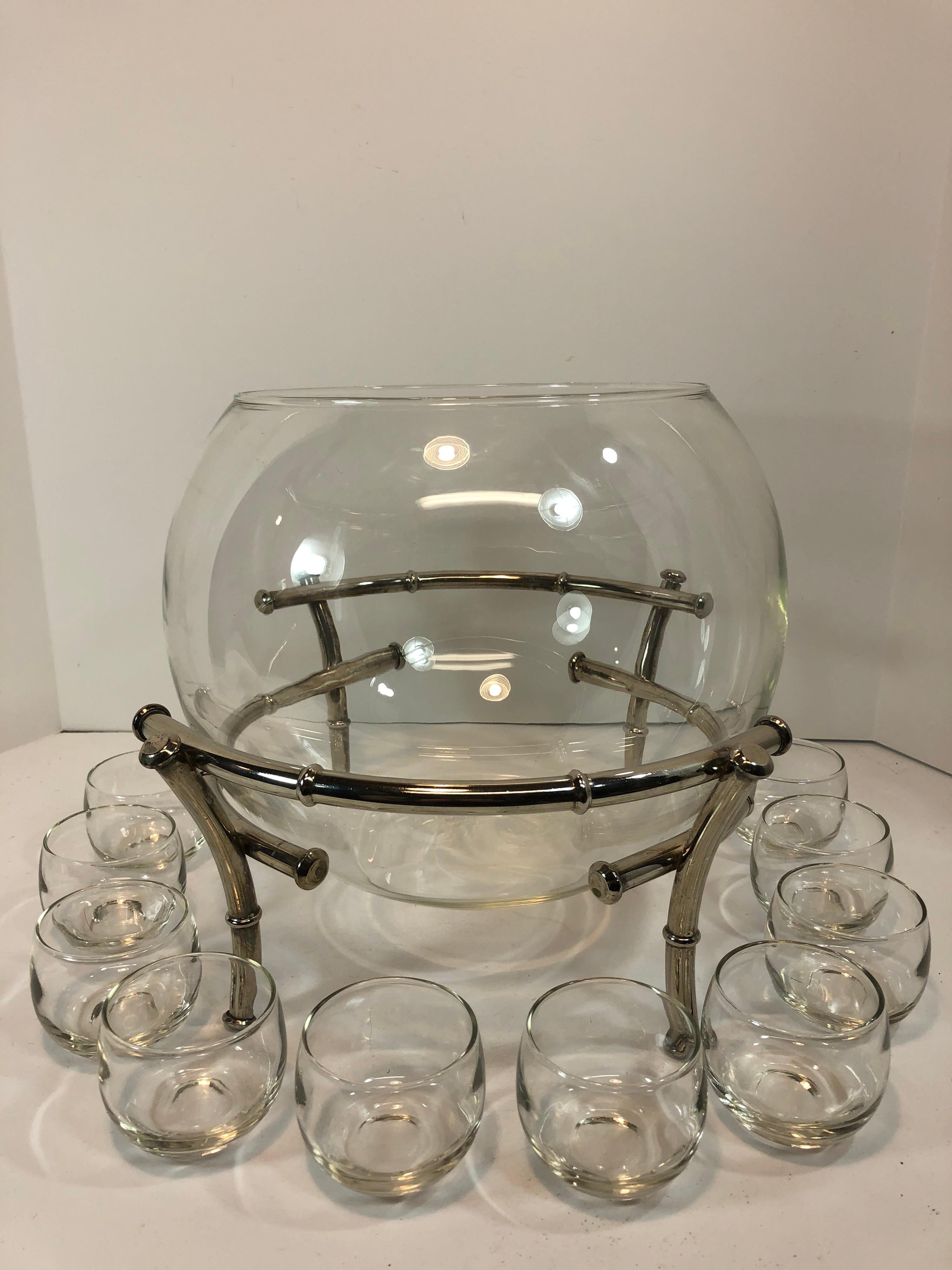 Faux Bamboo Silver Plate Clear Glass Punch Set In Good Condition In New York, NY