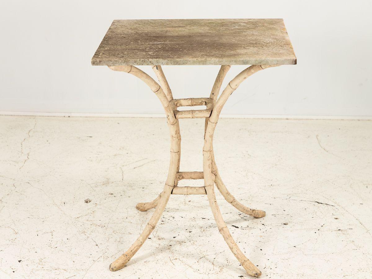 Aluminum Faux Bamboo Square Marble Top Side Table, Mid-20th Century