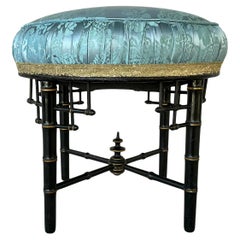 Faux Bamboo Stool with Blue Damask Upholstered Cushion