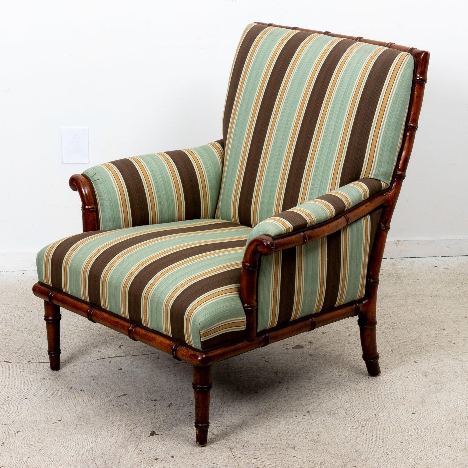 Chinoiserie Faux Bamboo Striped Linen Armchair For Sale
