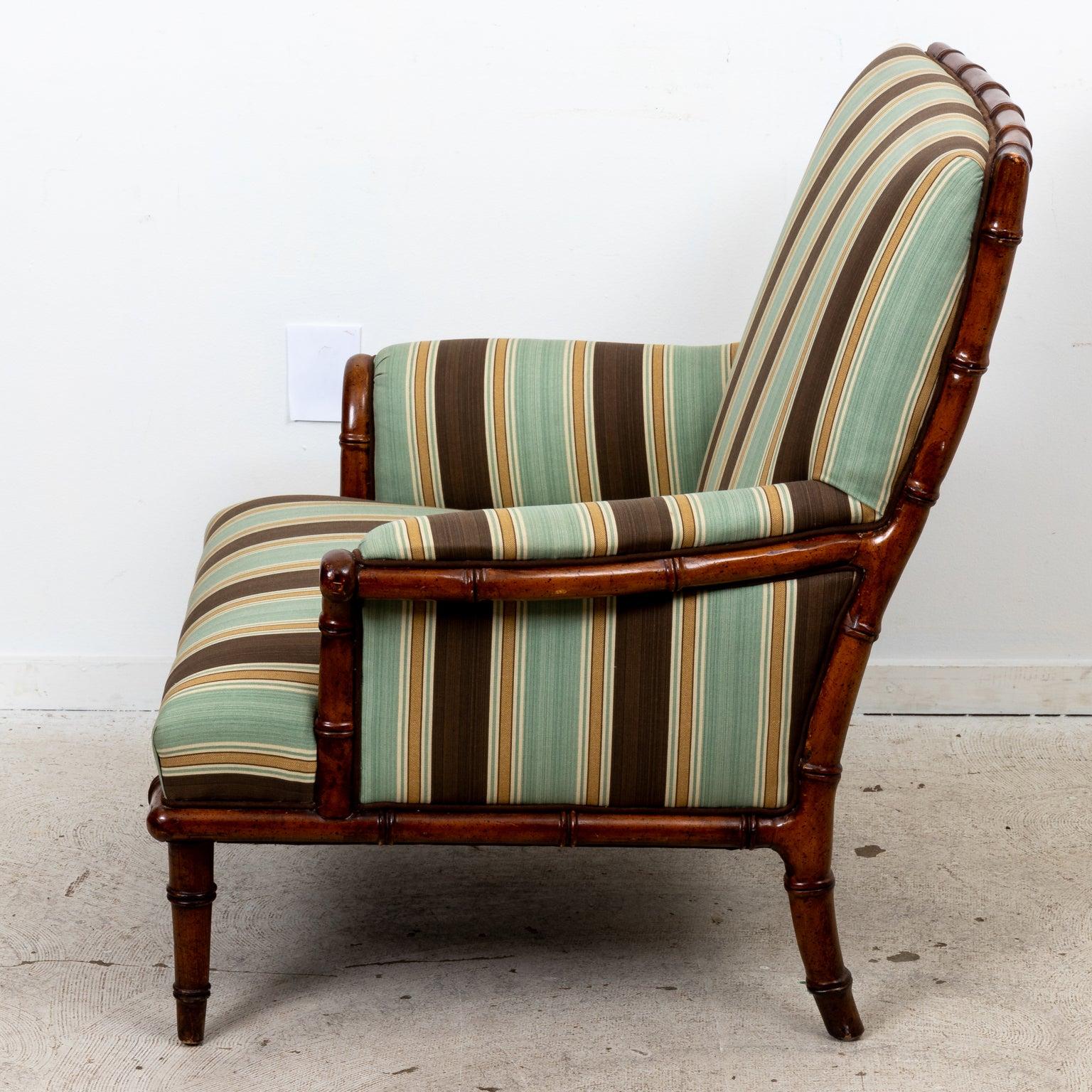 American Faux Bamboo Striped Linen Armchair For Sale