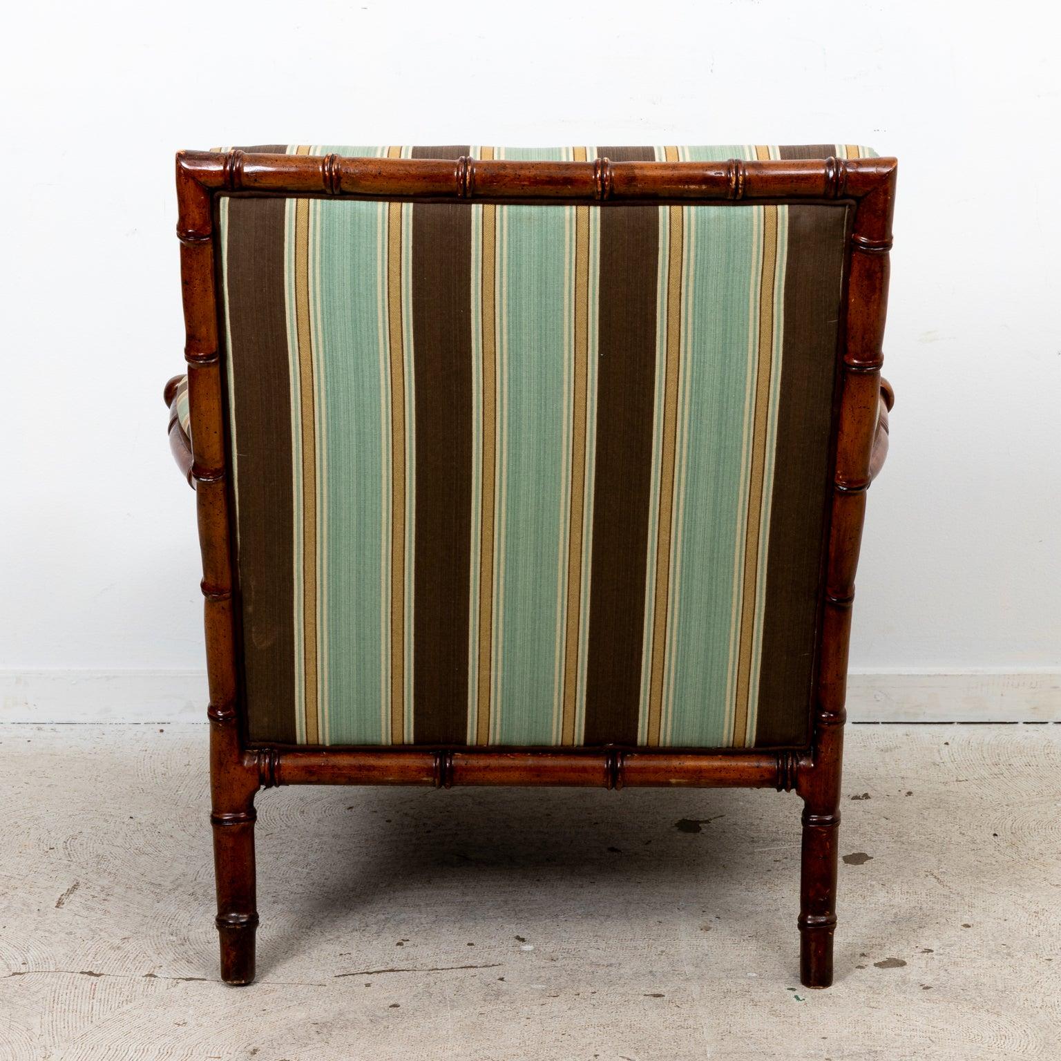 20th Century Faux Bamboo Striped Linen Armchair For Sale