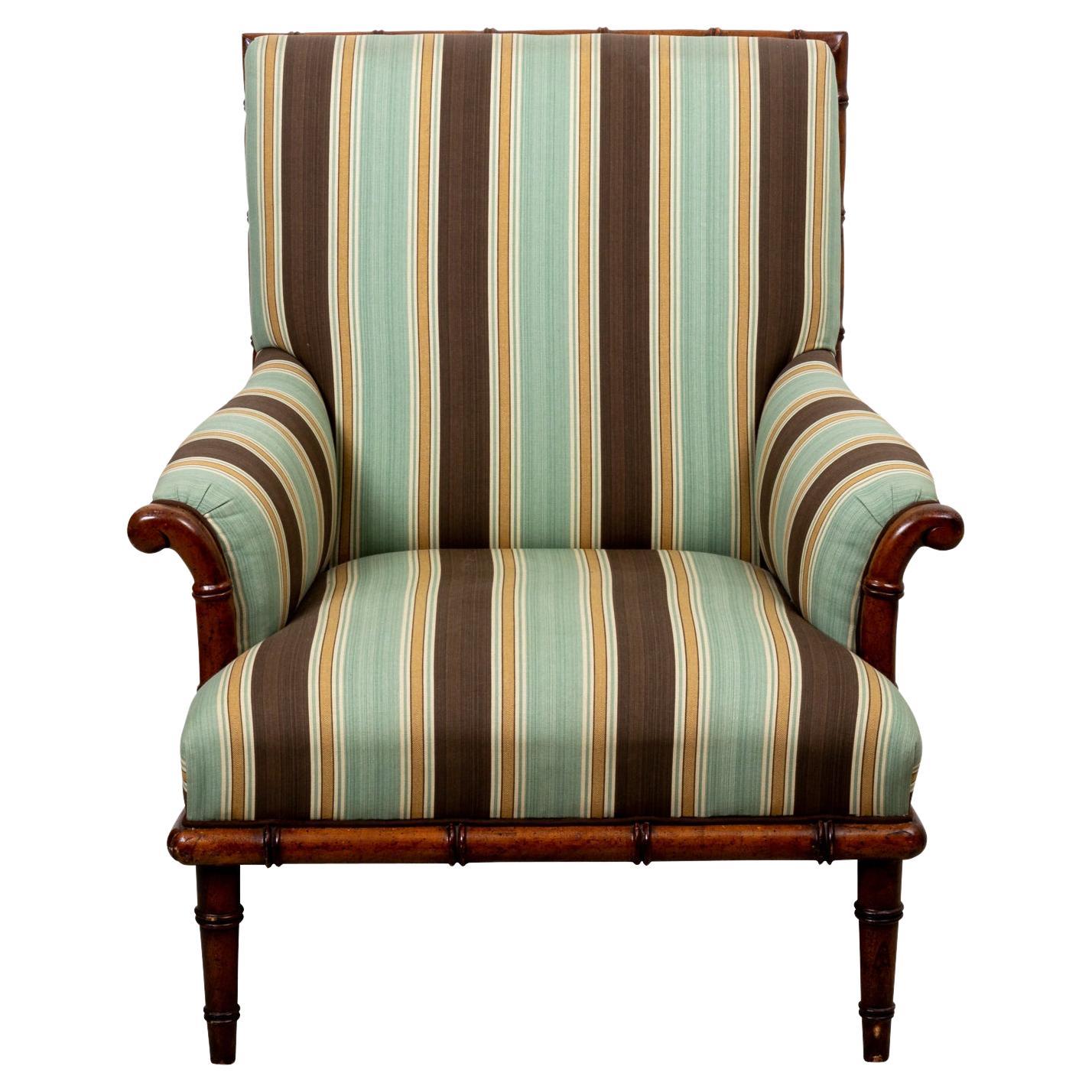 Faux Bamboo Striped Linen Armchair For Sale