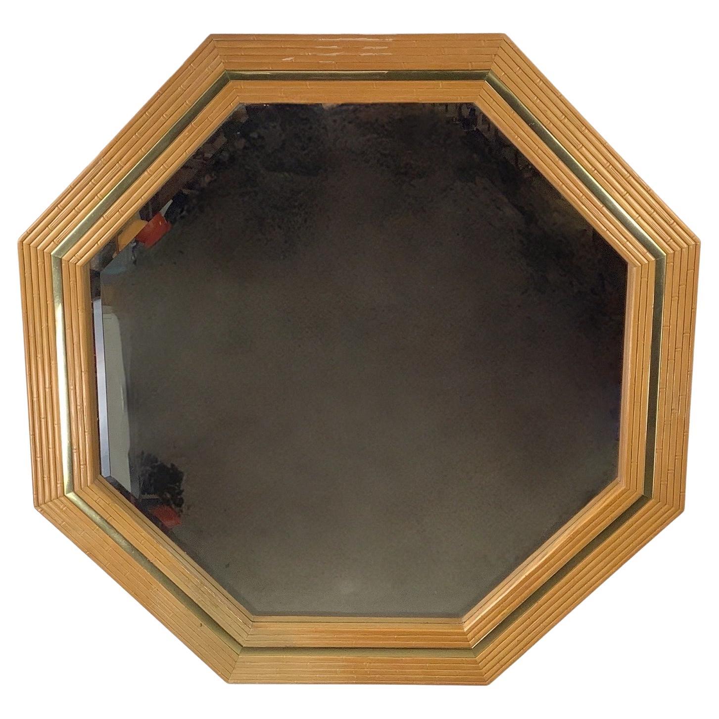 Specchio da parete ottagonale in stile finto bambù con finitura in Wood Wood, caldo e naturale