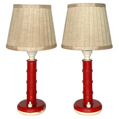 Faux Bamboo Table Lamps in Painted Turned Wood with Bakelite Fittings - c1960s