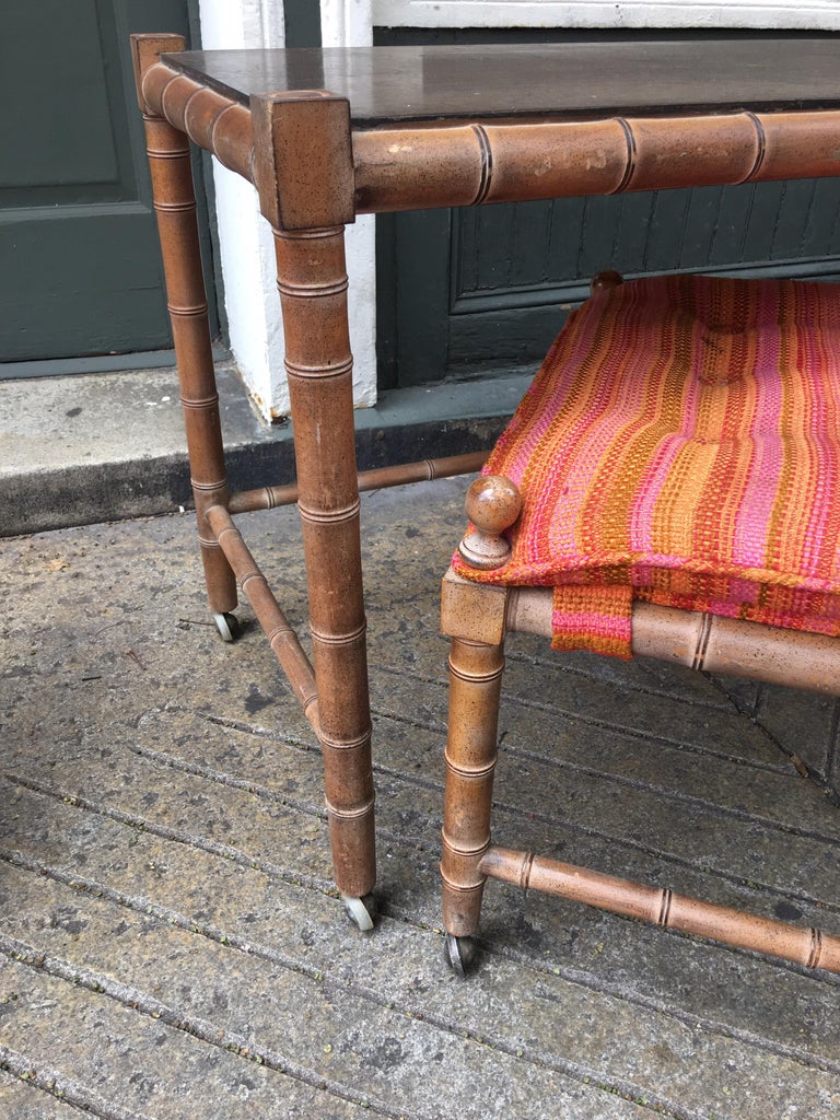 Faux Bamboo Table with 3 Stools For Sale at 1stdibs