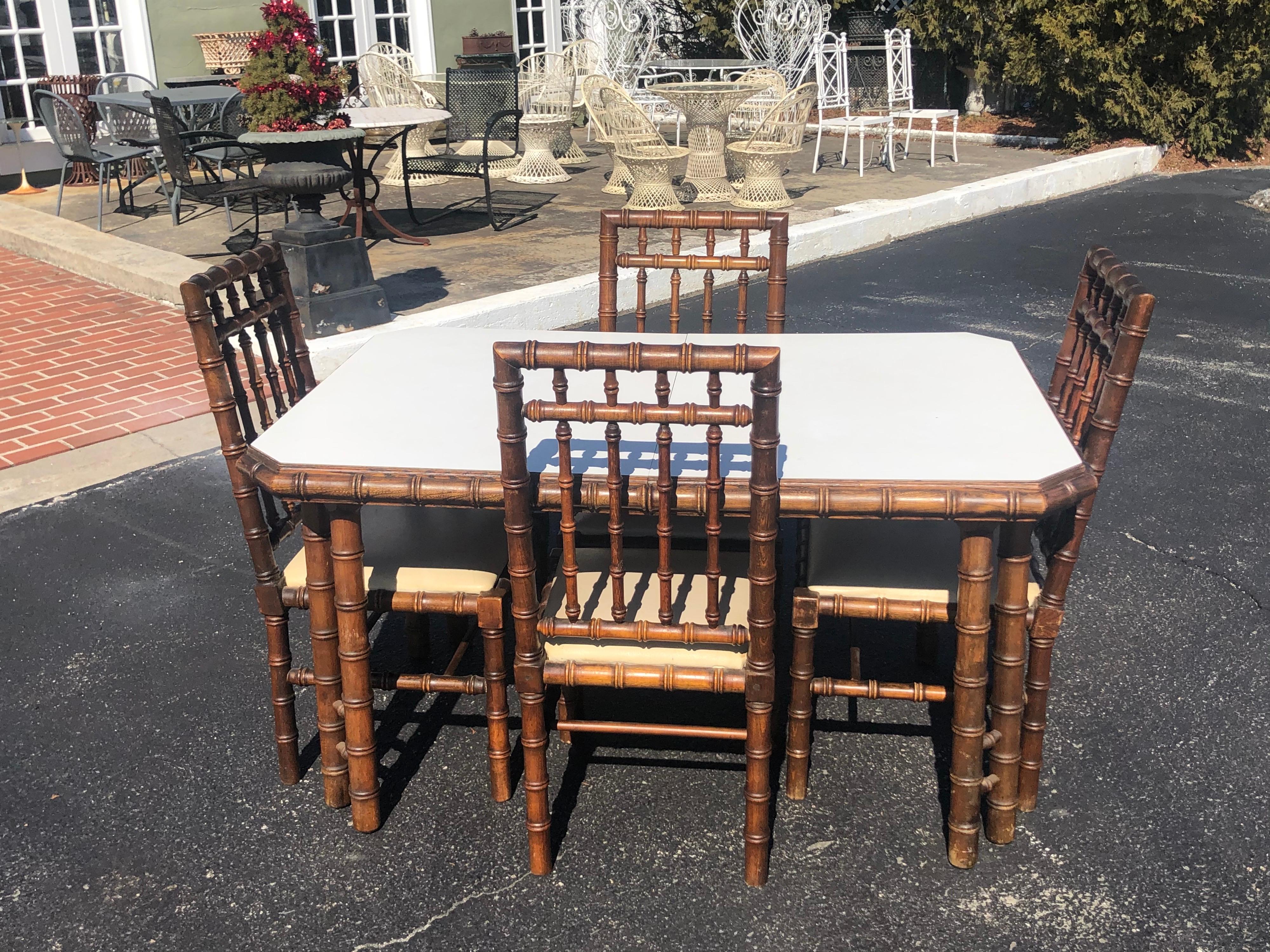 Hollywood Regency Faux Bamboo Table with Four Matching Chairs