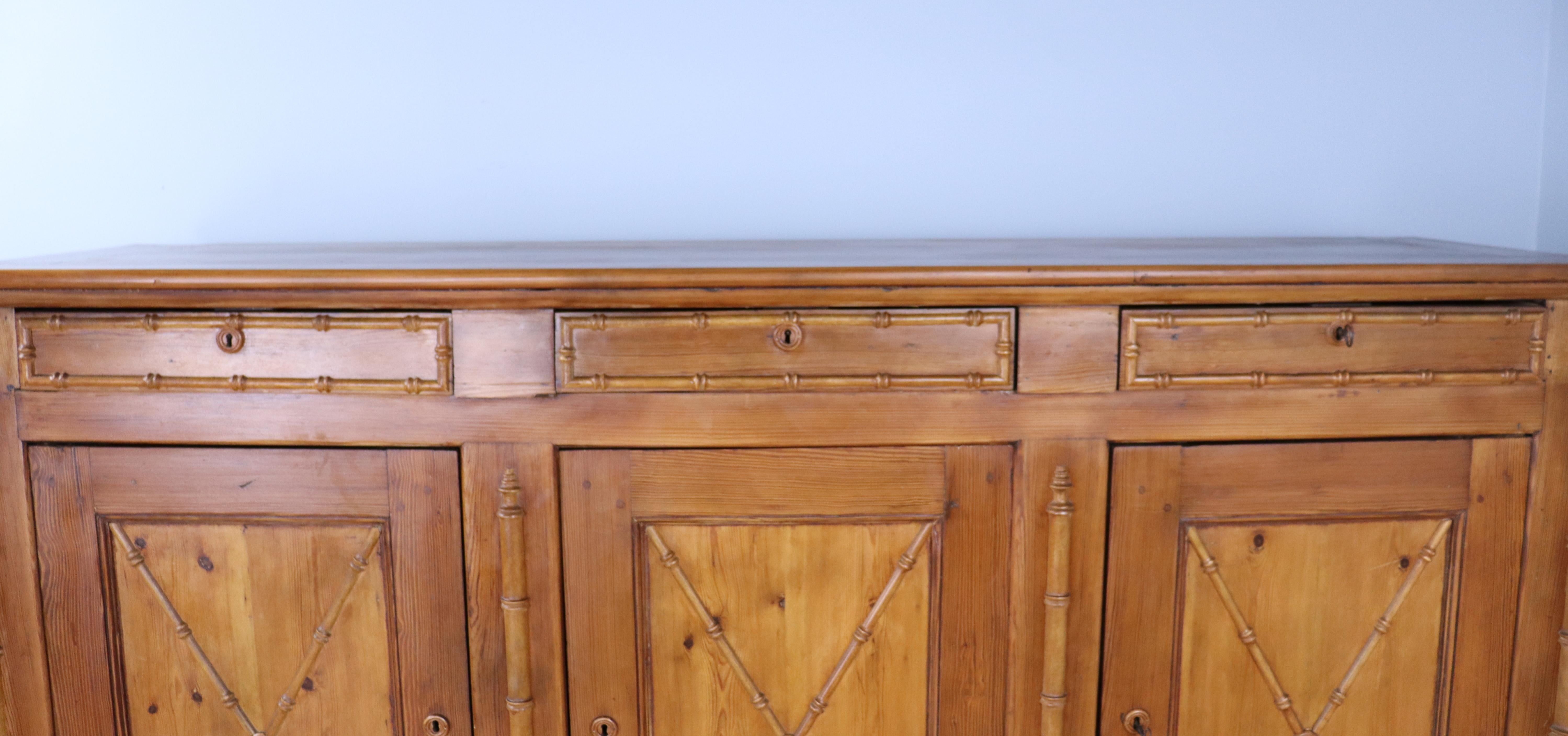 Faux Bamboo Three Door Pine Enfilade For Sale 5