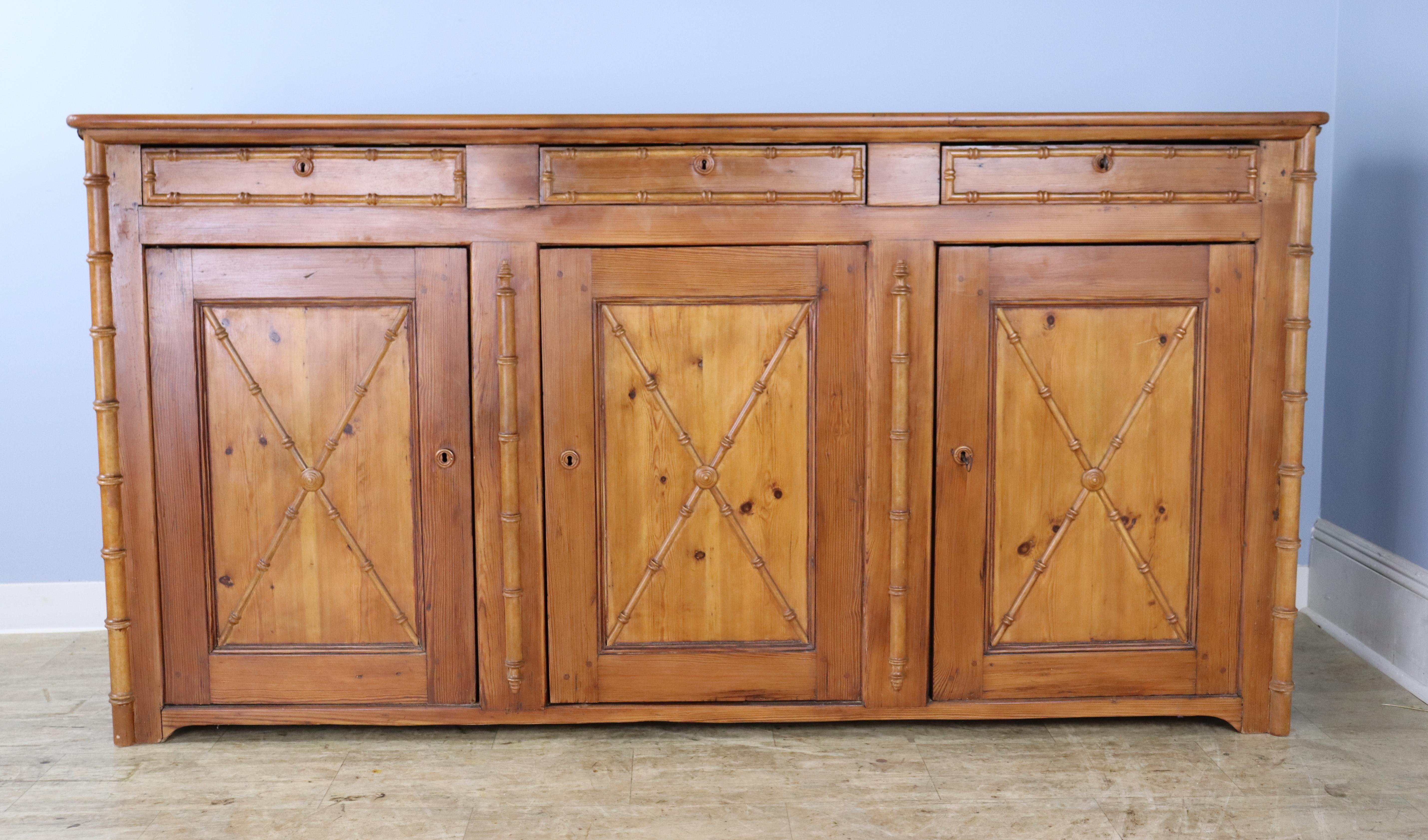 French Faux Bamboo Three Door Pine Enfilade For Sale