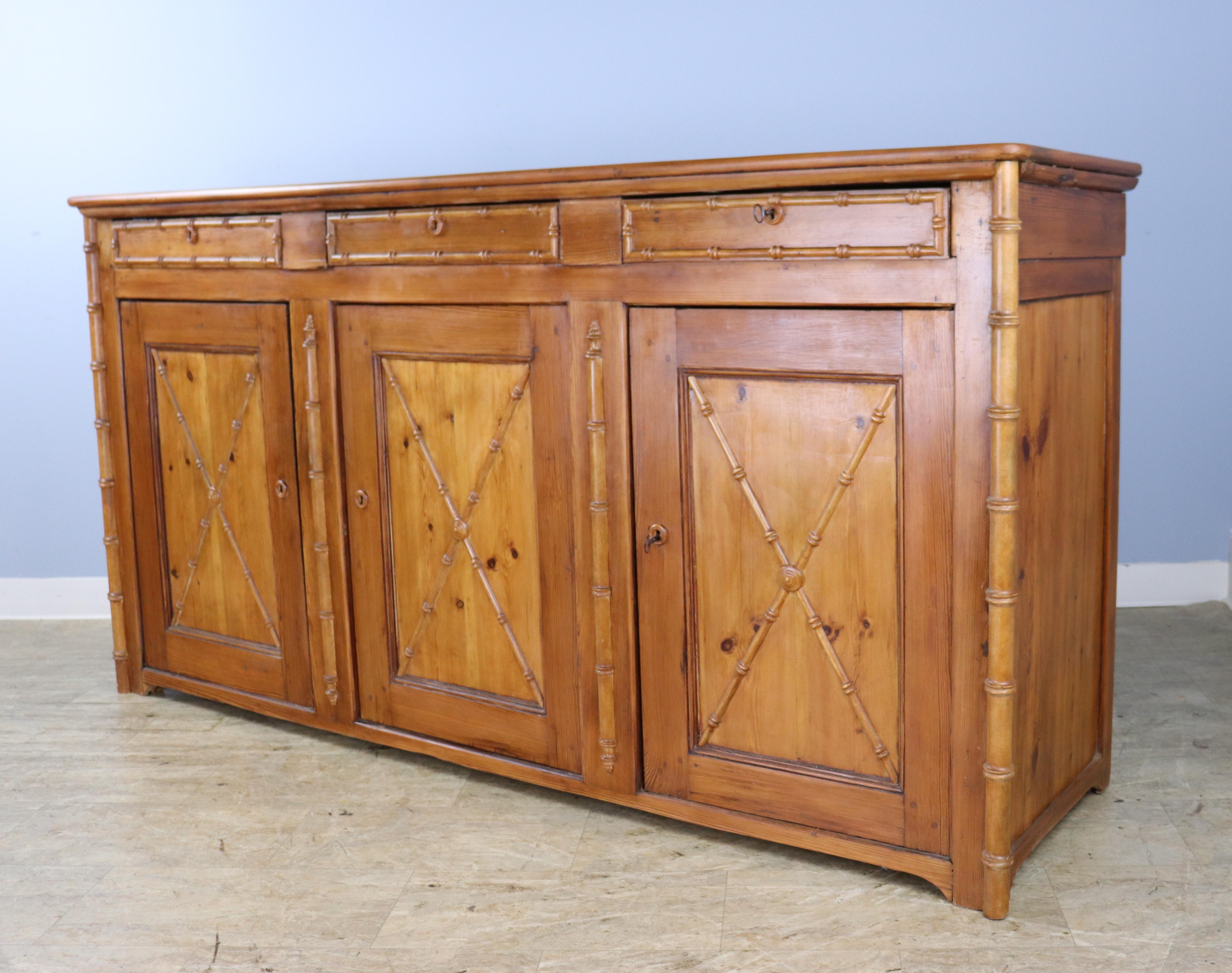 Faux Bamboo Three Door Pine Enfilade In Good Condition For Sale In Port Chester, NY