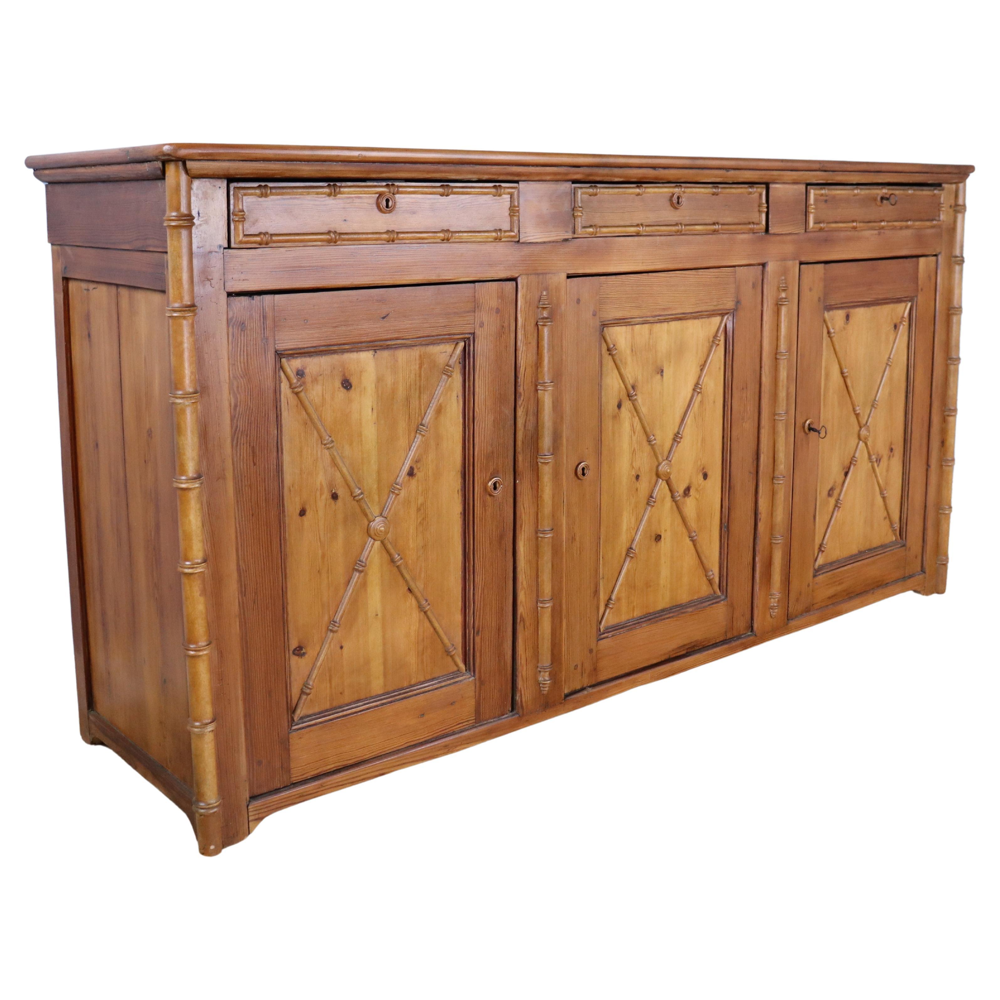 Faux Bamboo Three Door Pine Enfilade For Sale