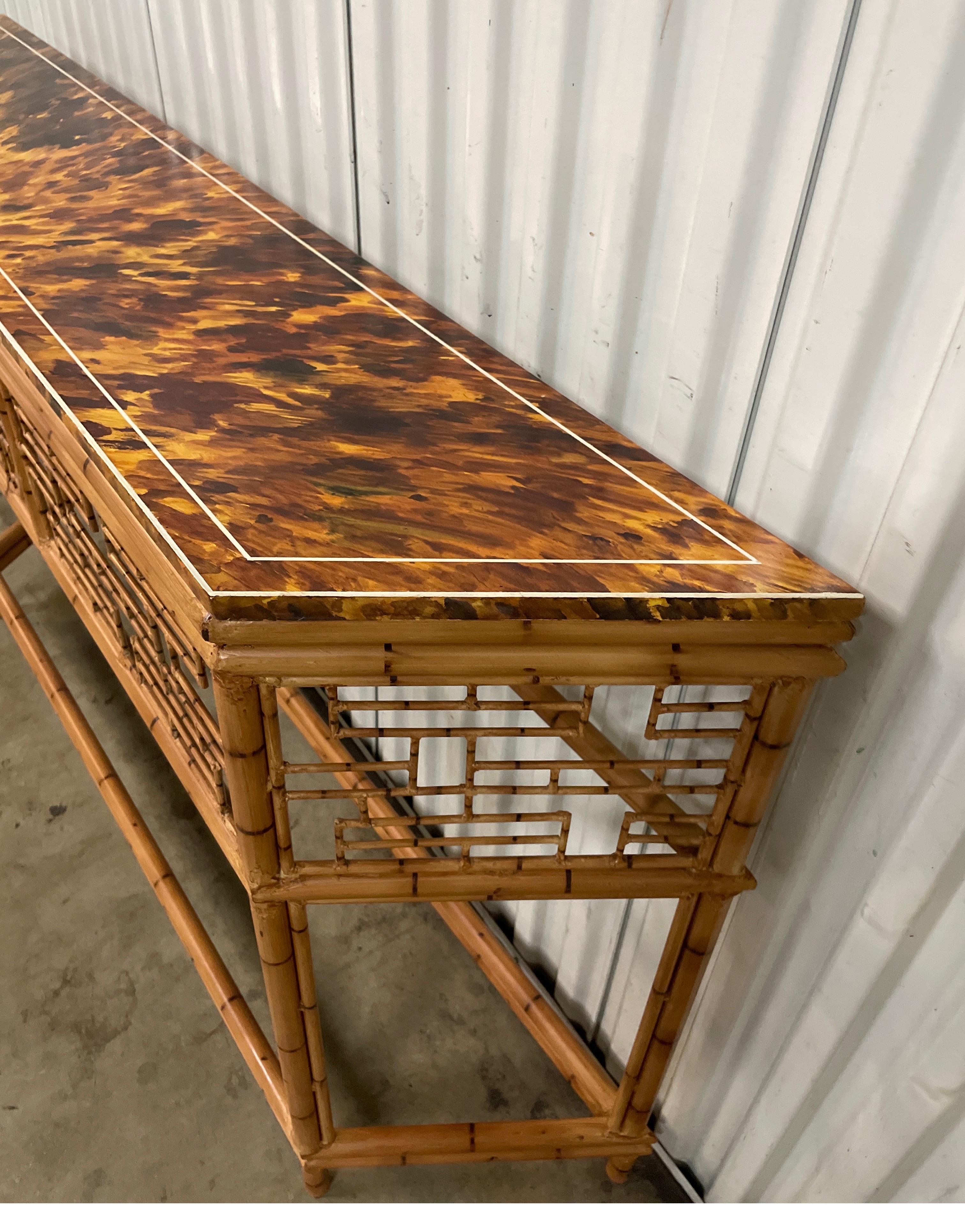 Faux Bamboo Tole Chinoiserie Console with Faux Painted Tortoise Top 5