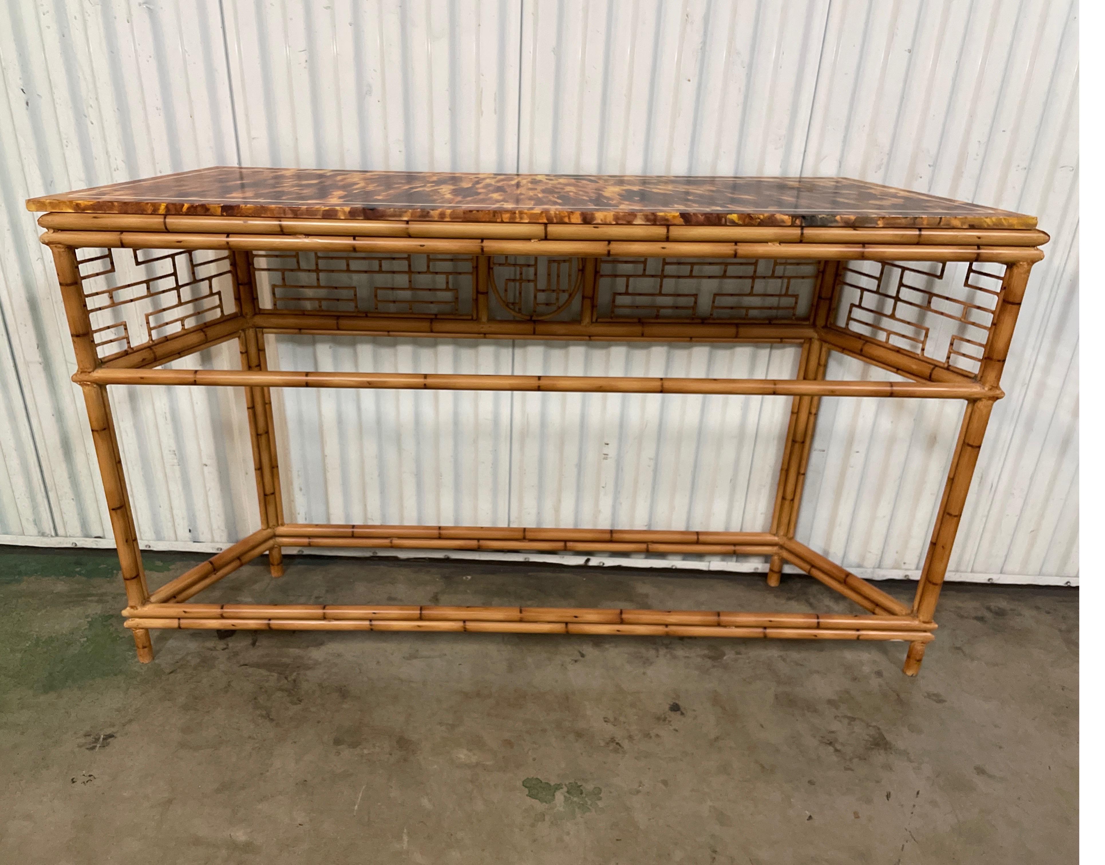 Faux Bamboo Tole Chinoiserie Console with Faux Painted Tortoise Top 13