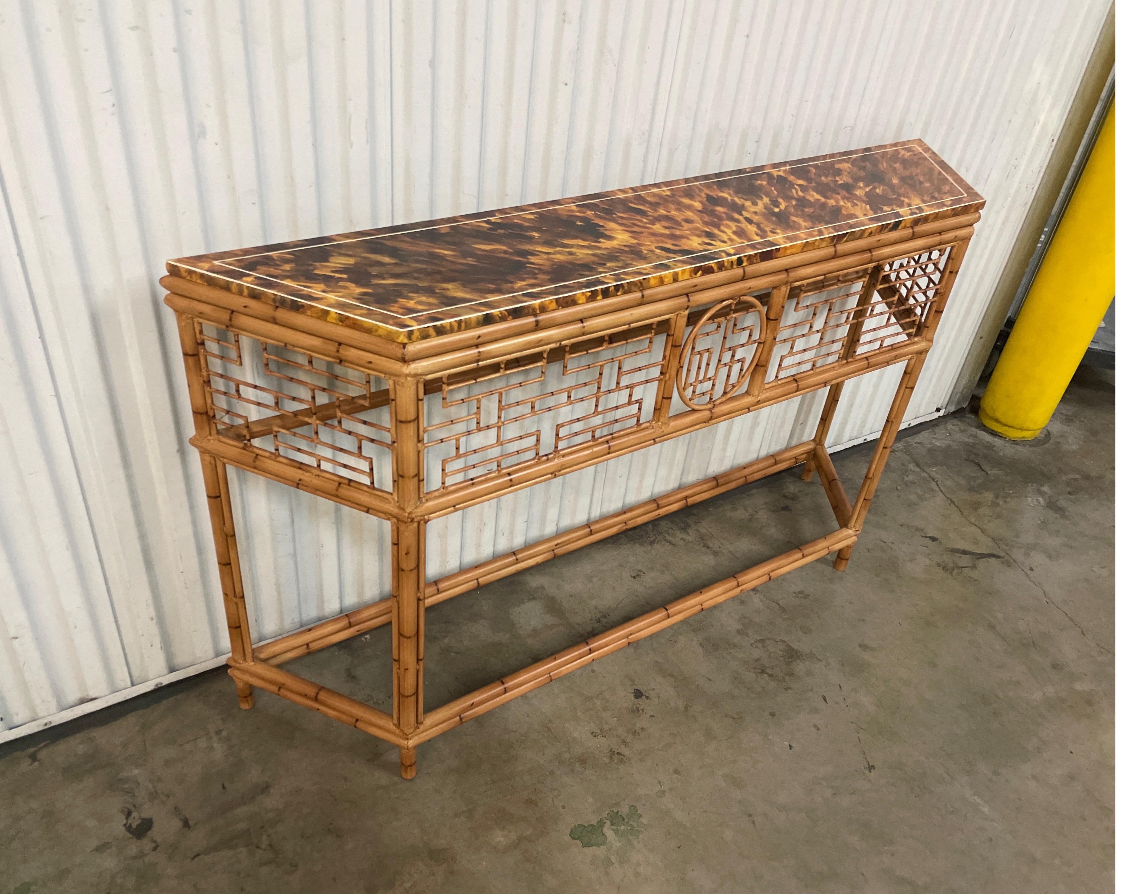 Faux Bamboo Tole Chinoiserie Console with Faux Painted Tortoise Top In Good Condition In West Palm Beach, FL