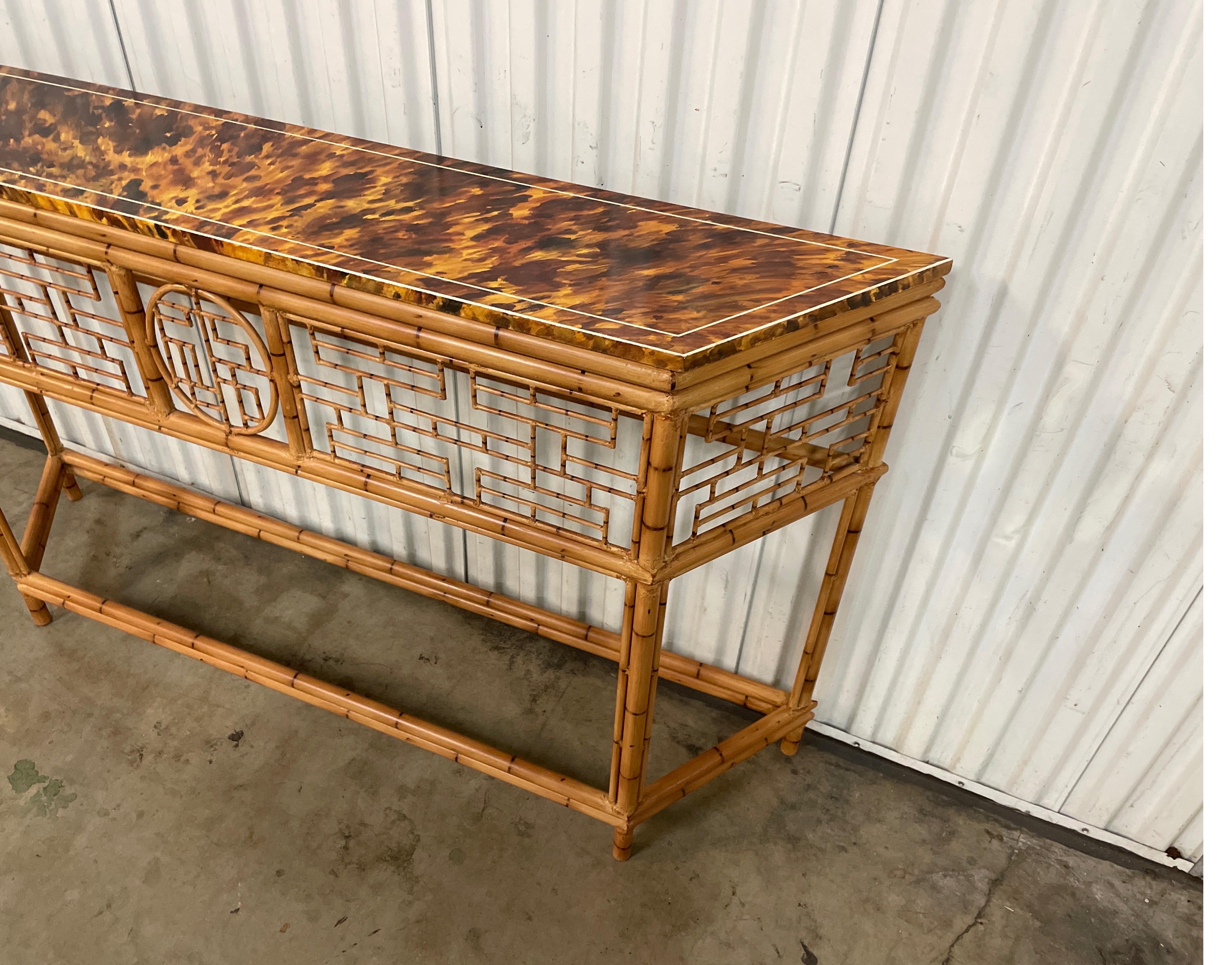 Tôle Faux Bamboo Tole Chinoiserie Console with Faux Painted Tortoise Top