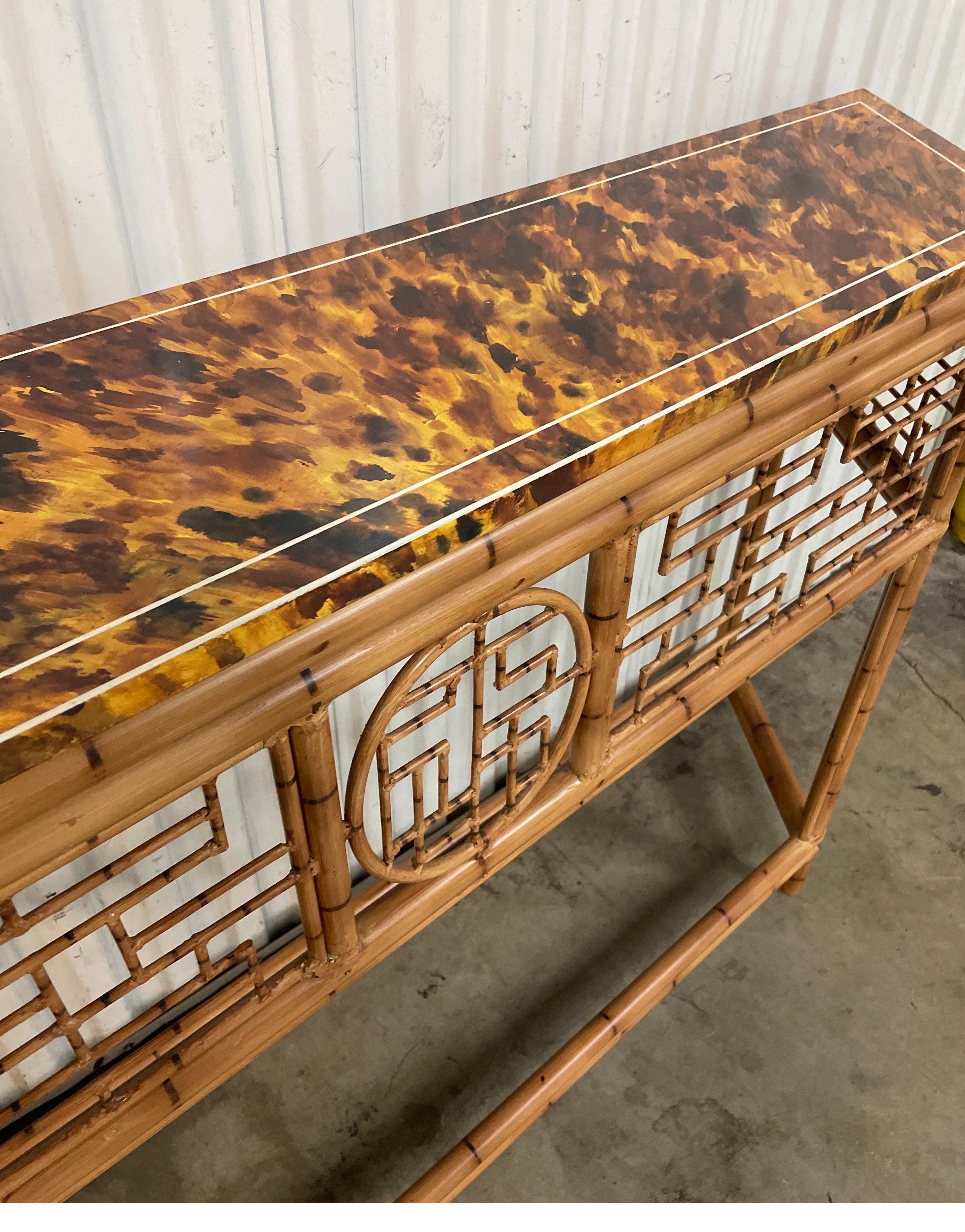 Faux Bamboo Tole Chinoiserie Console with Faux Painted Tortoise Top 2