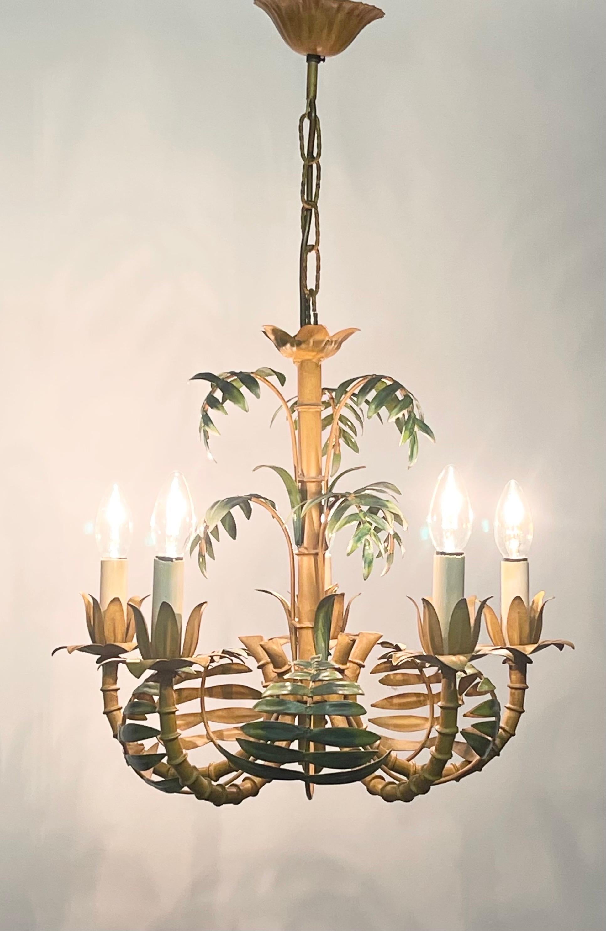 Mid-Century Modern Faux Bamboo Tole Palm Tree Chandelier, France, circa 1950s For Sale