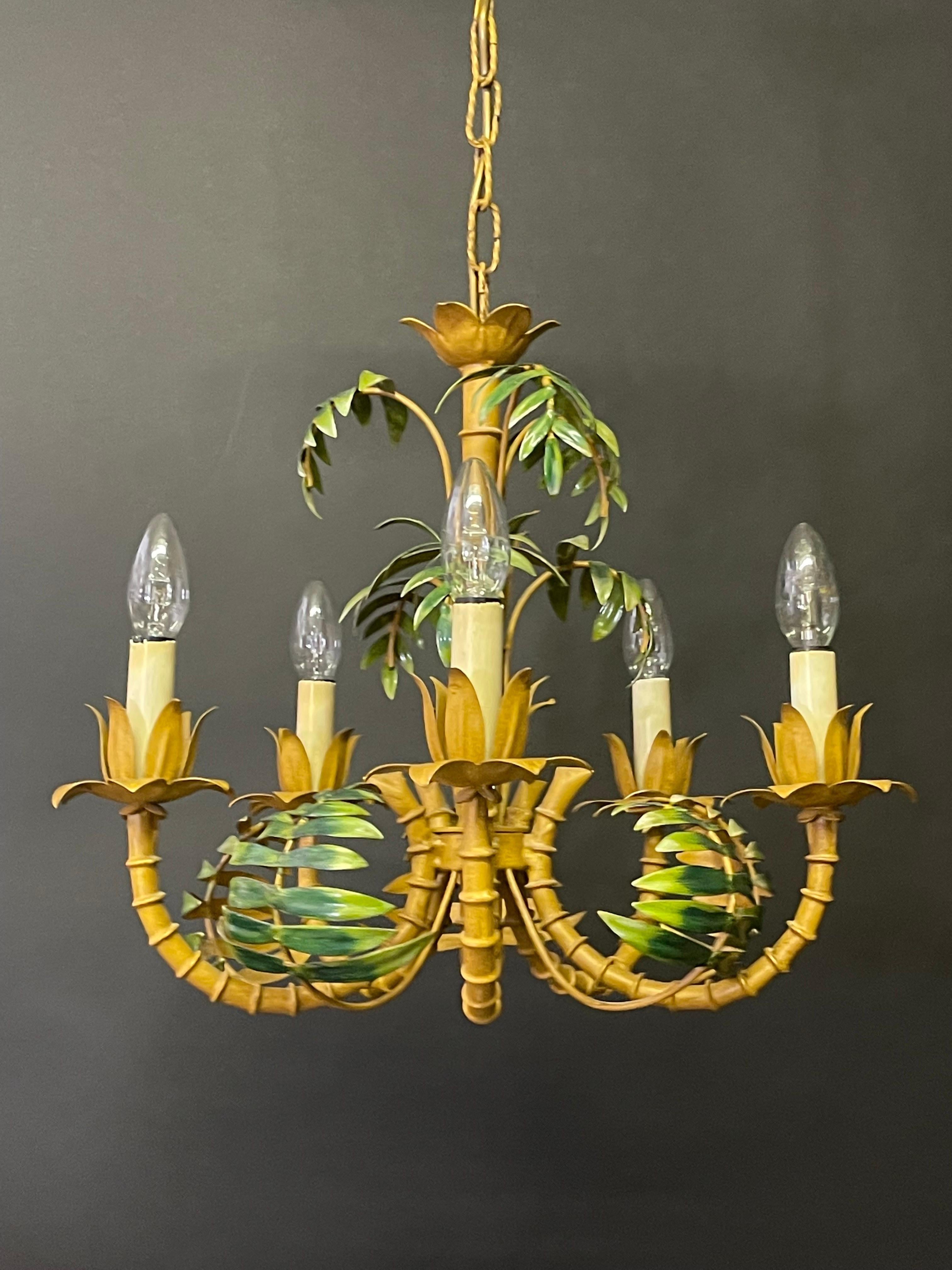 French Faux Bamboo Tole Palm Tree Chandelier, France, circa 1950s For Sale