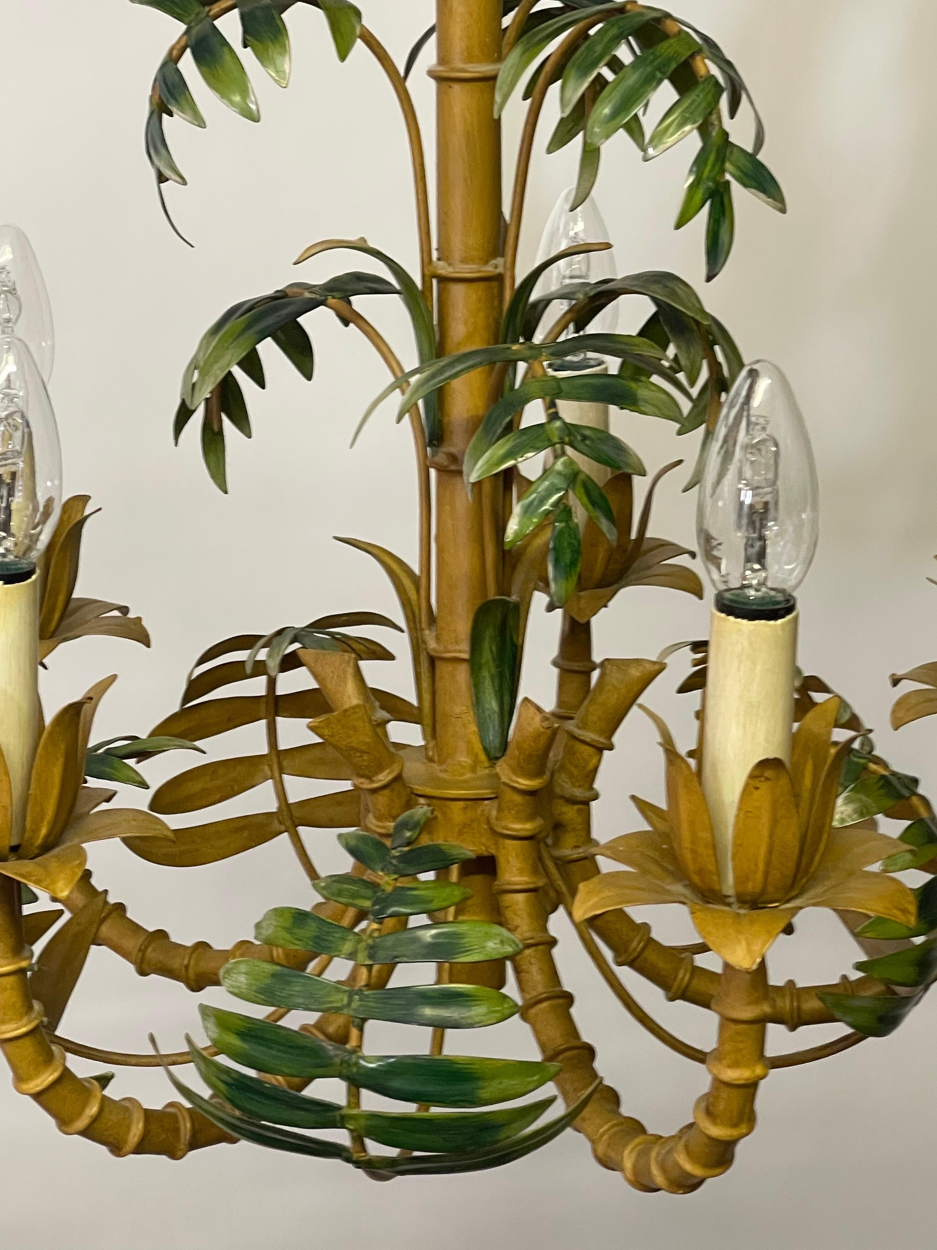Patinated Faux Bamboo Tole Palm Tree Chandelier, France, circa 1950s For Sale