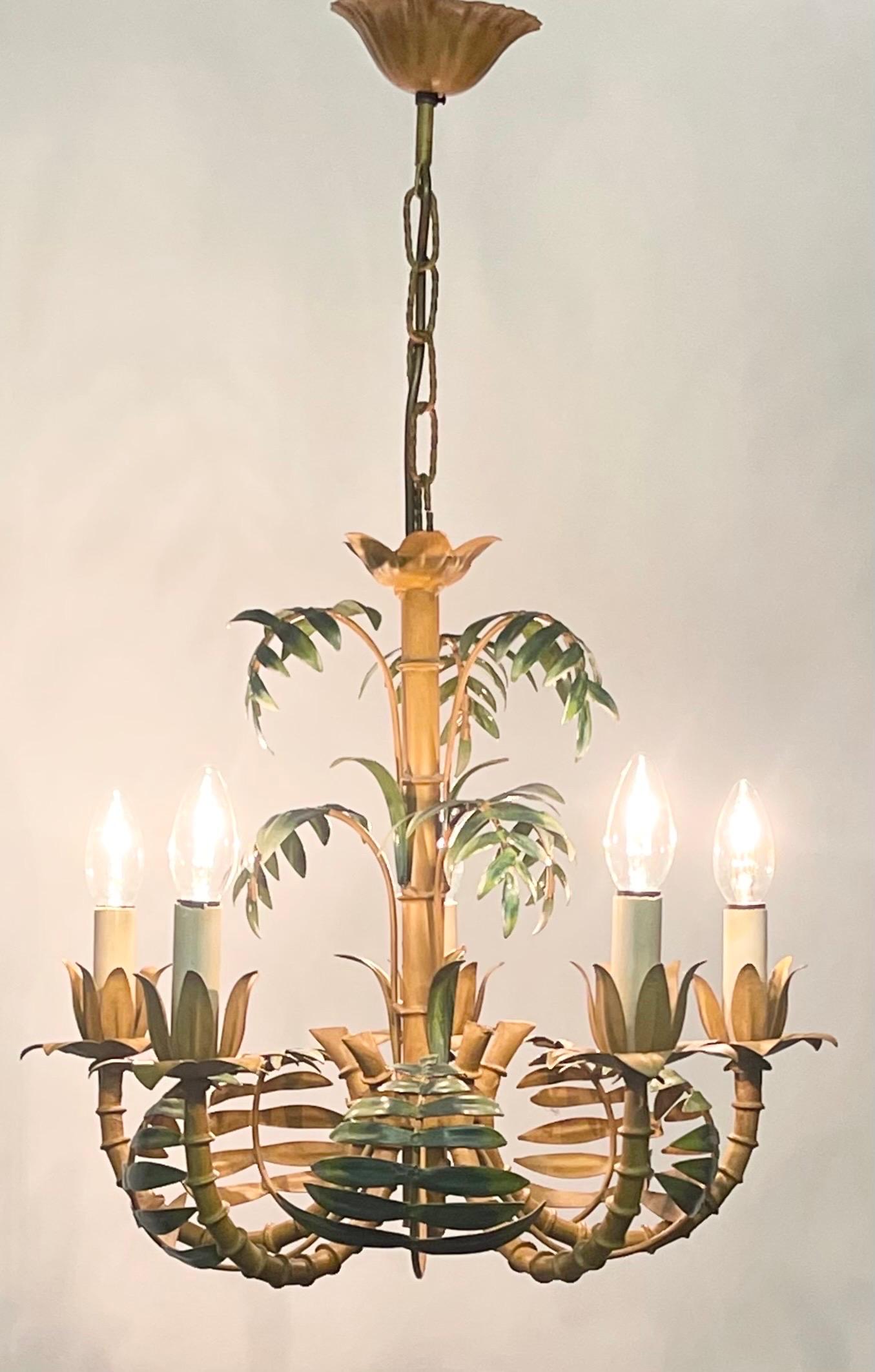 Mid-20th Century Faux Bamboo Tole Palm Tree Chandelier, France, circa 1950s For Sale