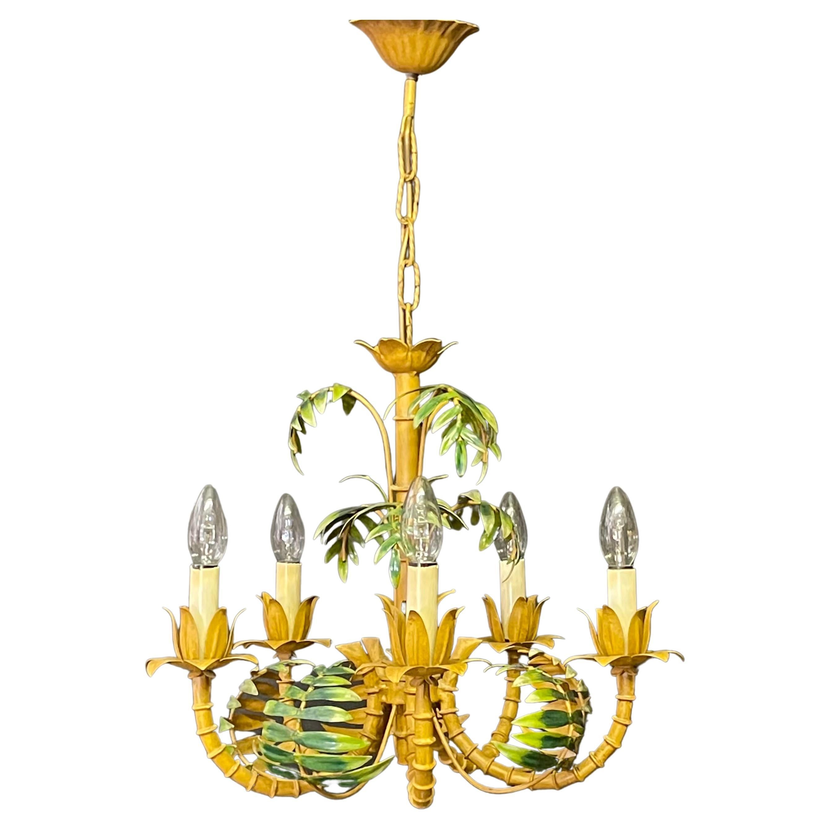 Faux Bamboo Tole Palm Tree Chandelier, France, circa 1950s