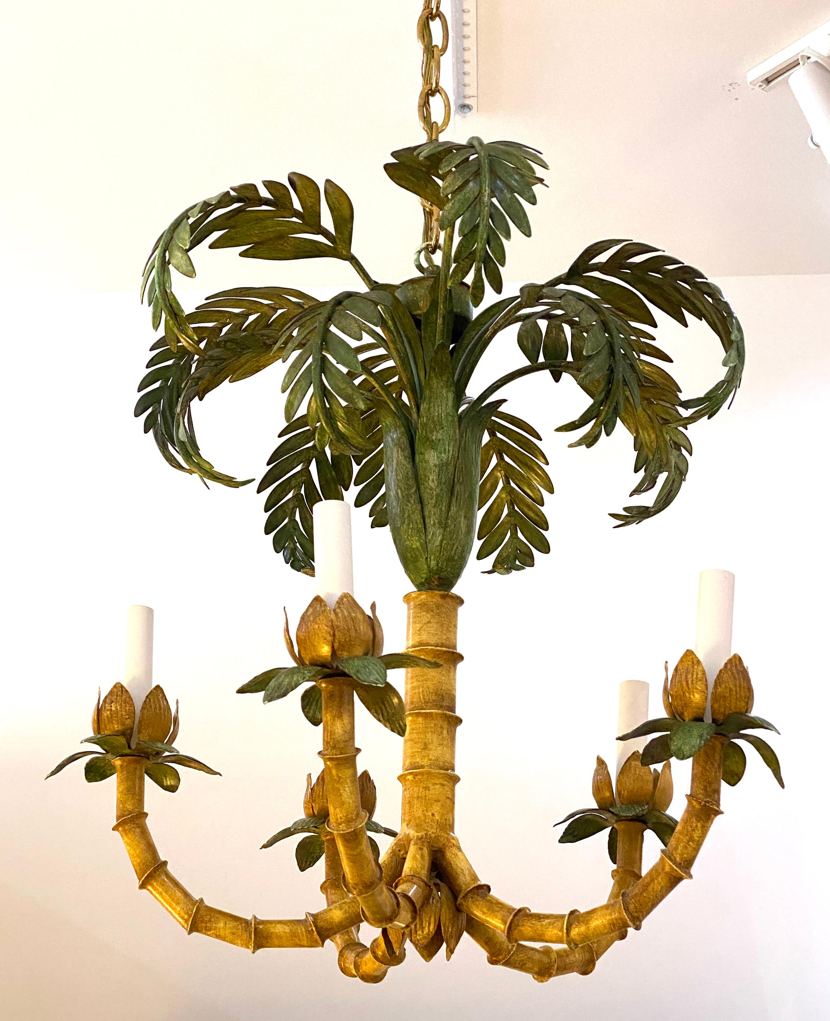 Faux Bamboo Tole Ware Chandelier In Good Condition For Sale In West Palm Beach, FL