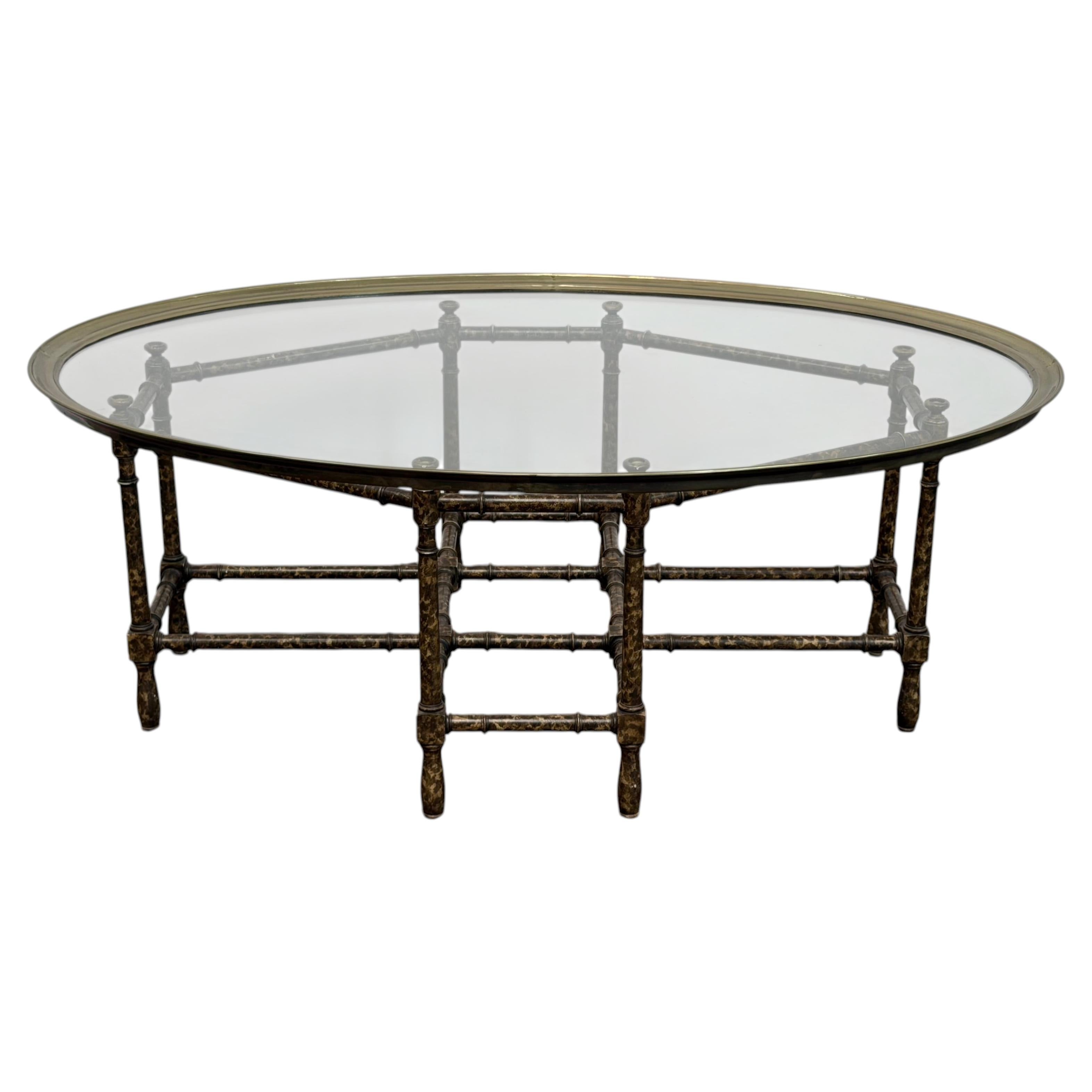 Faux Bamboo Tortoise Shell, Brass and Glass Coffee Table, Baker