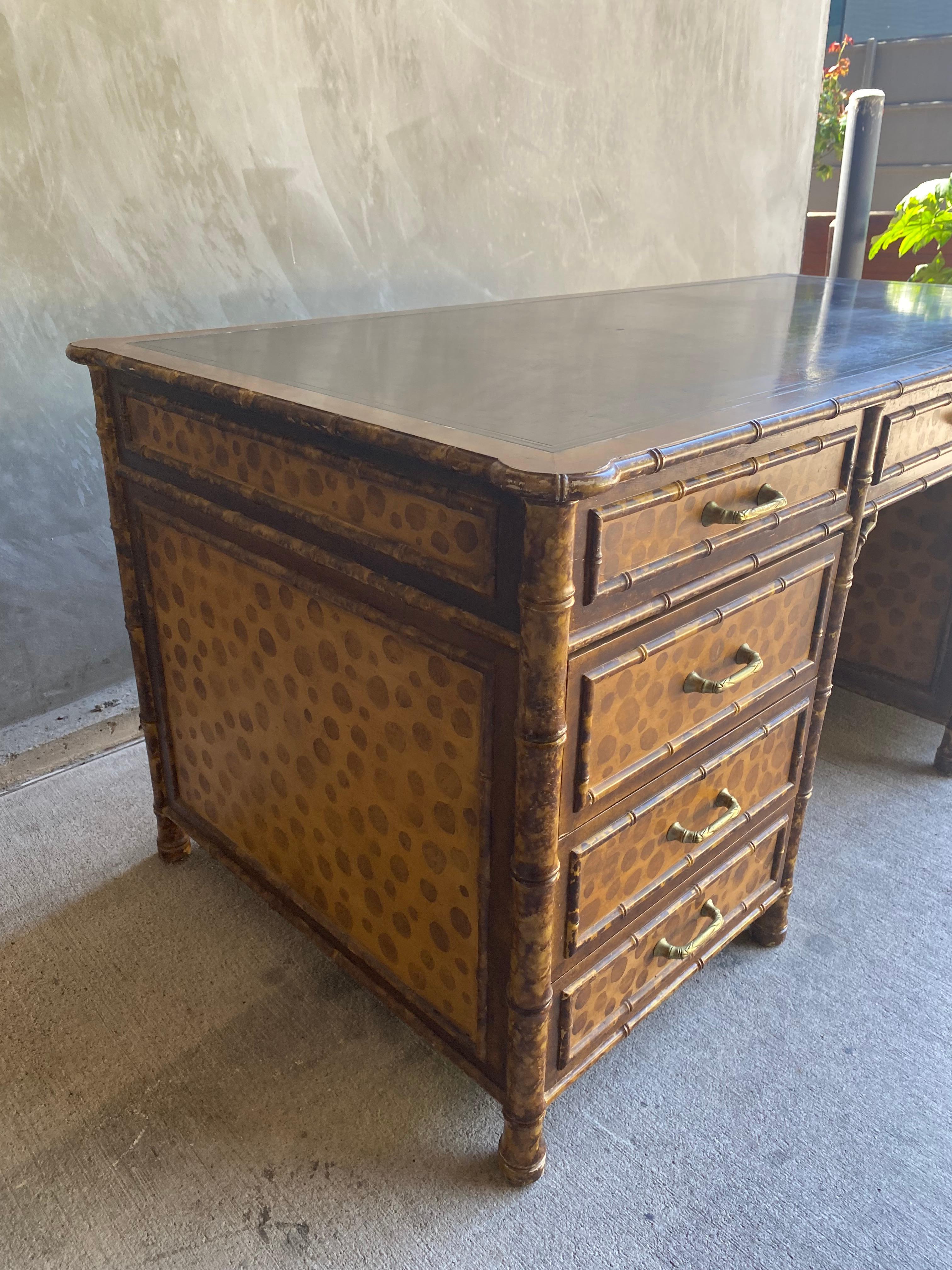 Faux Bamboo Tortoise Shell Desk in the Style of Maitland Smith 3