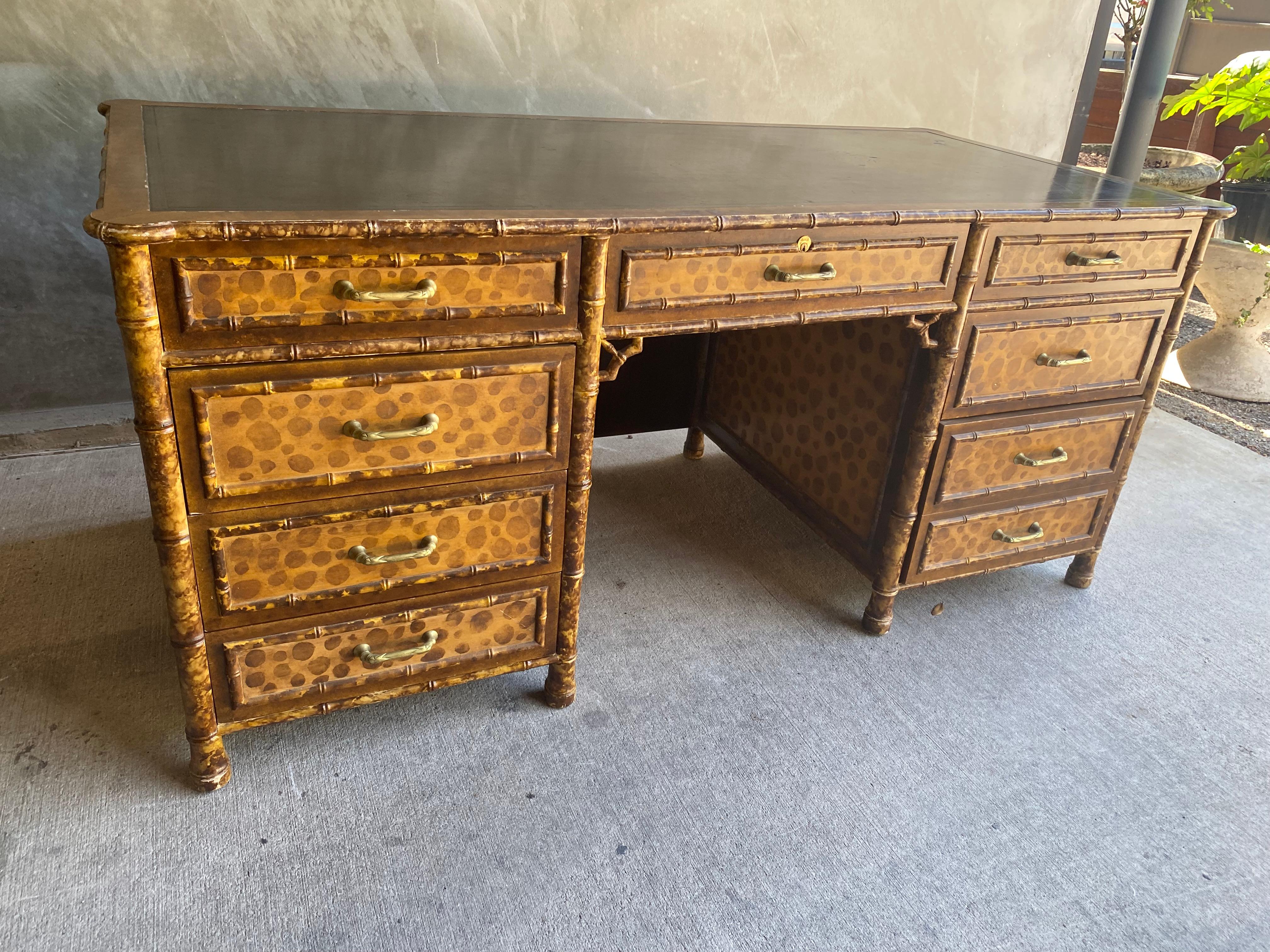 Chippendale Faux Bamboo Tortoise Shell Desk in the Style of Maitland Smith