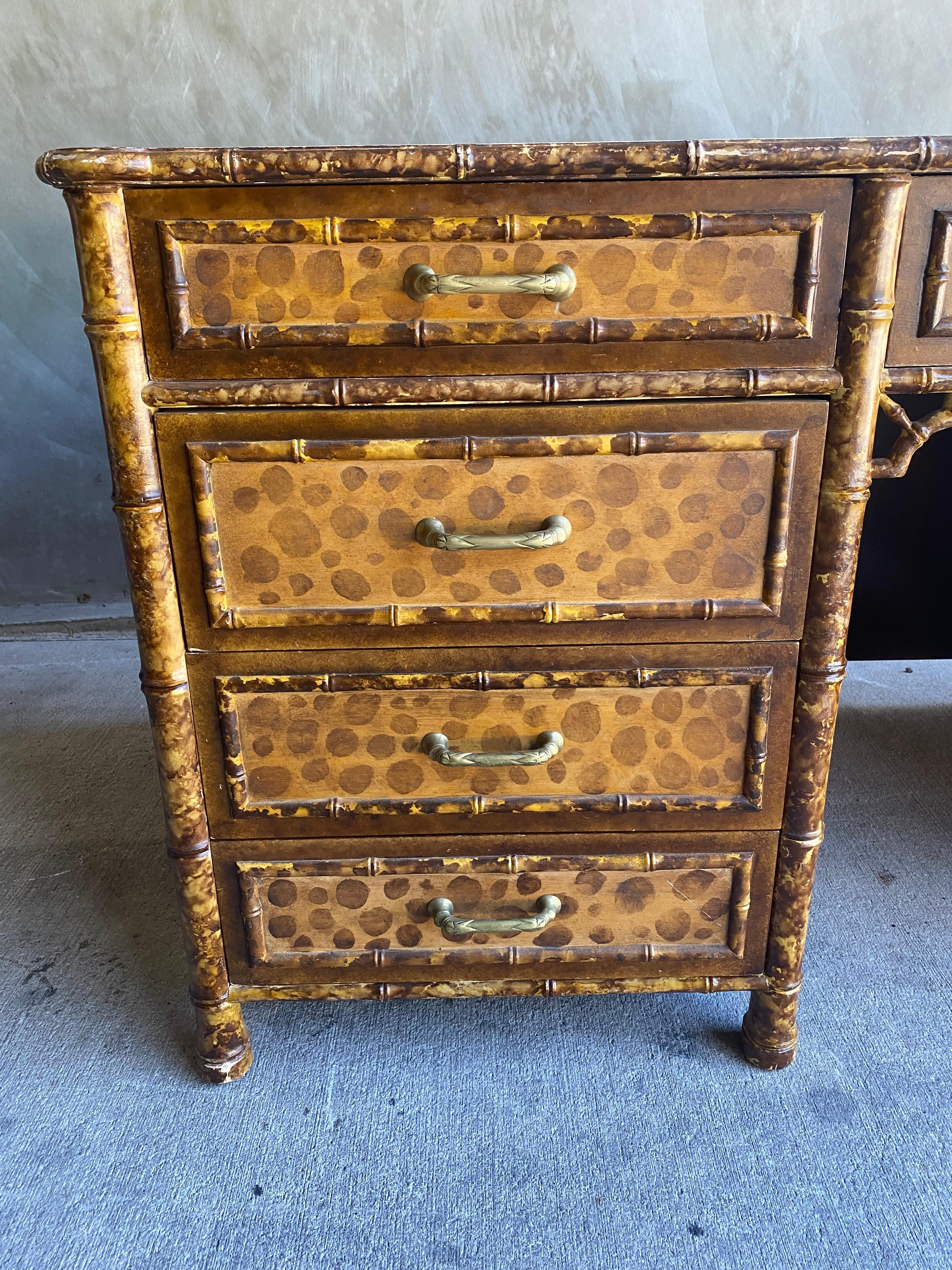 Philippine Faux Bamboo Tortoise Shell Desk in the Style of Maitland Smith