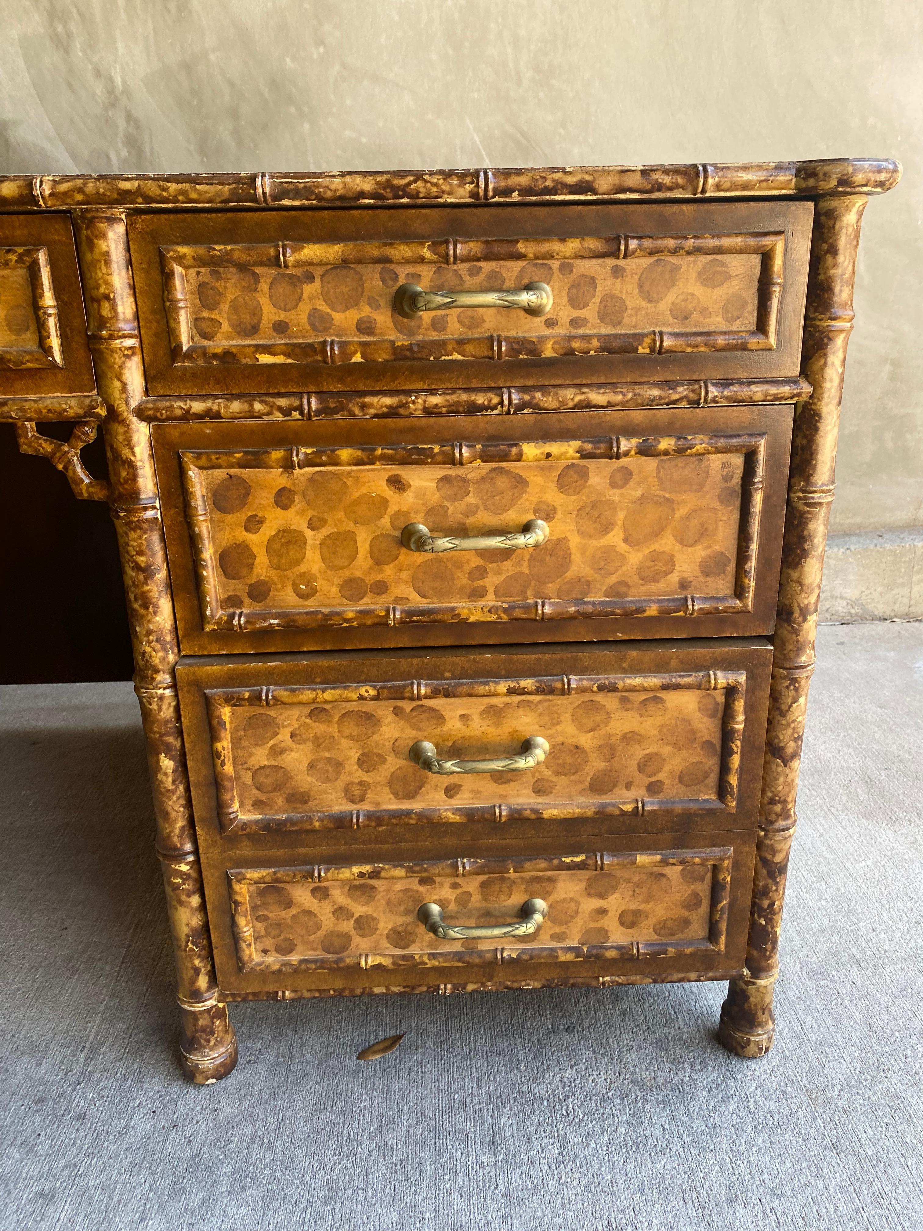 Faux Bamboo Tortoise Shell Desk in the Style of Maitland Smith In Good Condition In Austin, TX