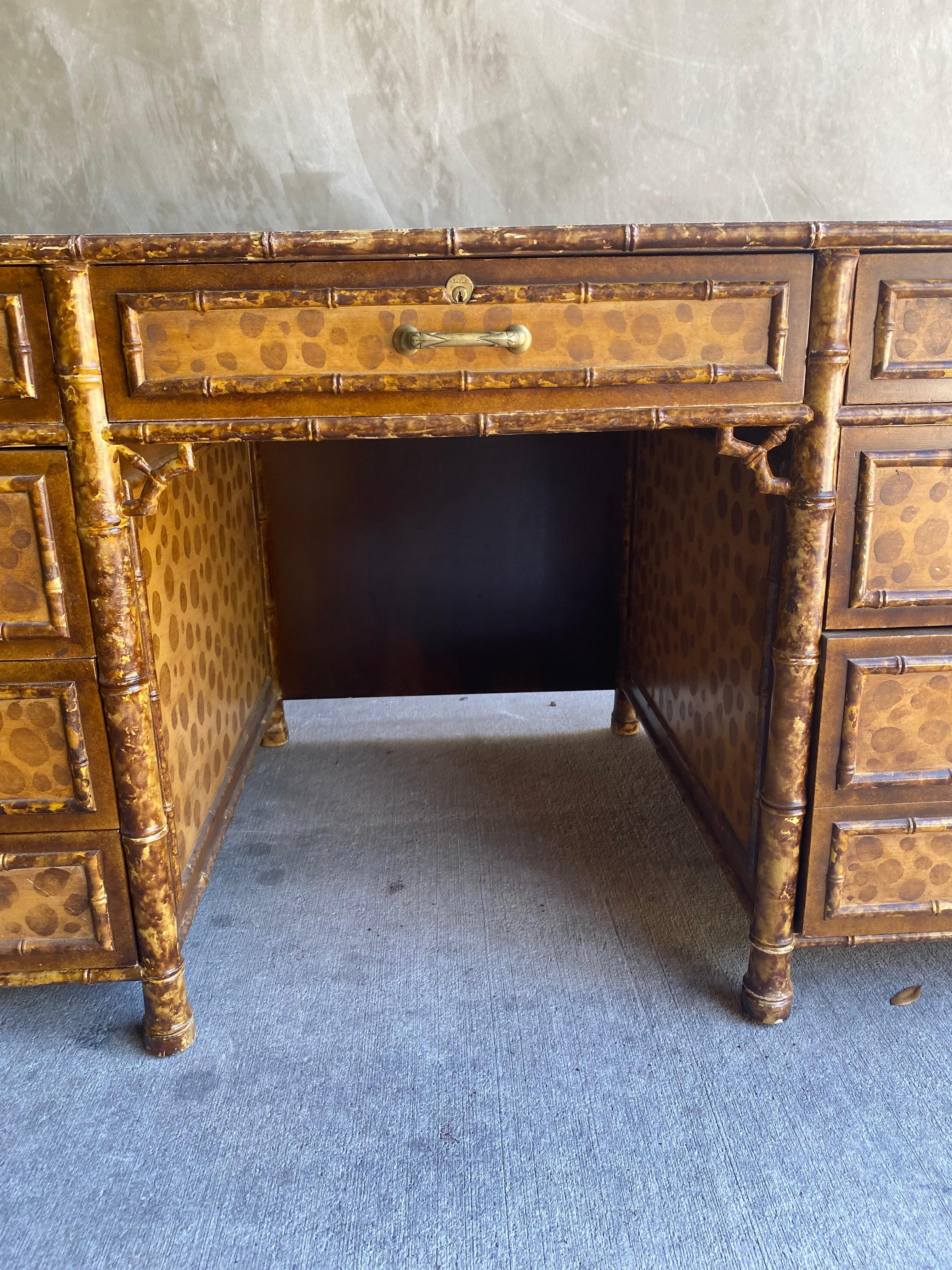 20th Century Faux Bamboo Tortoise Shell Desk in the Style of Maitland Smith